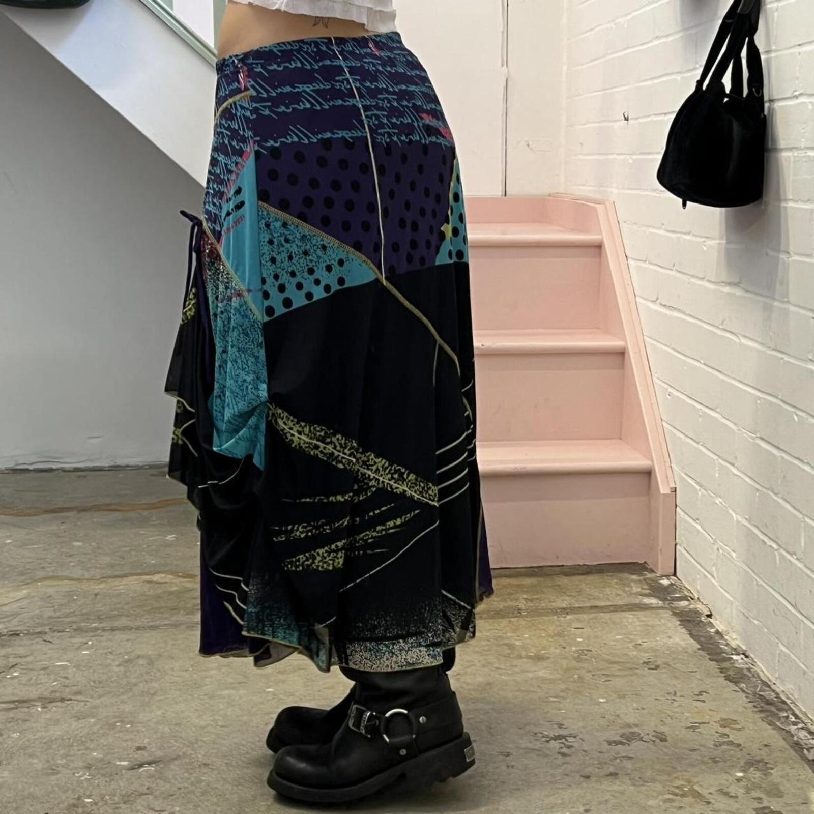 graphic print mesh layered utility style vintage asymmetrical maxi skirt