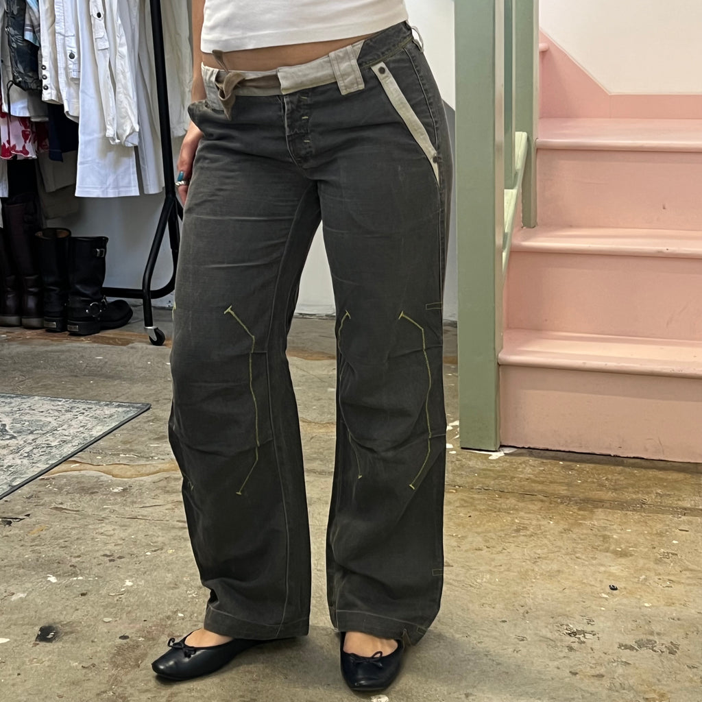 Grey low rise wide leg linen trousers with contrast stitching