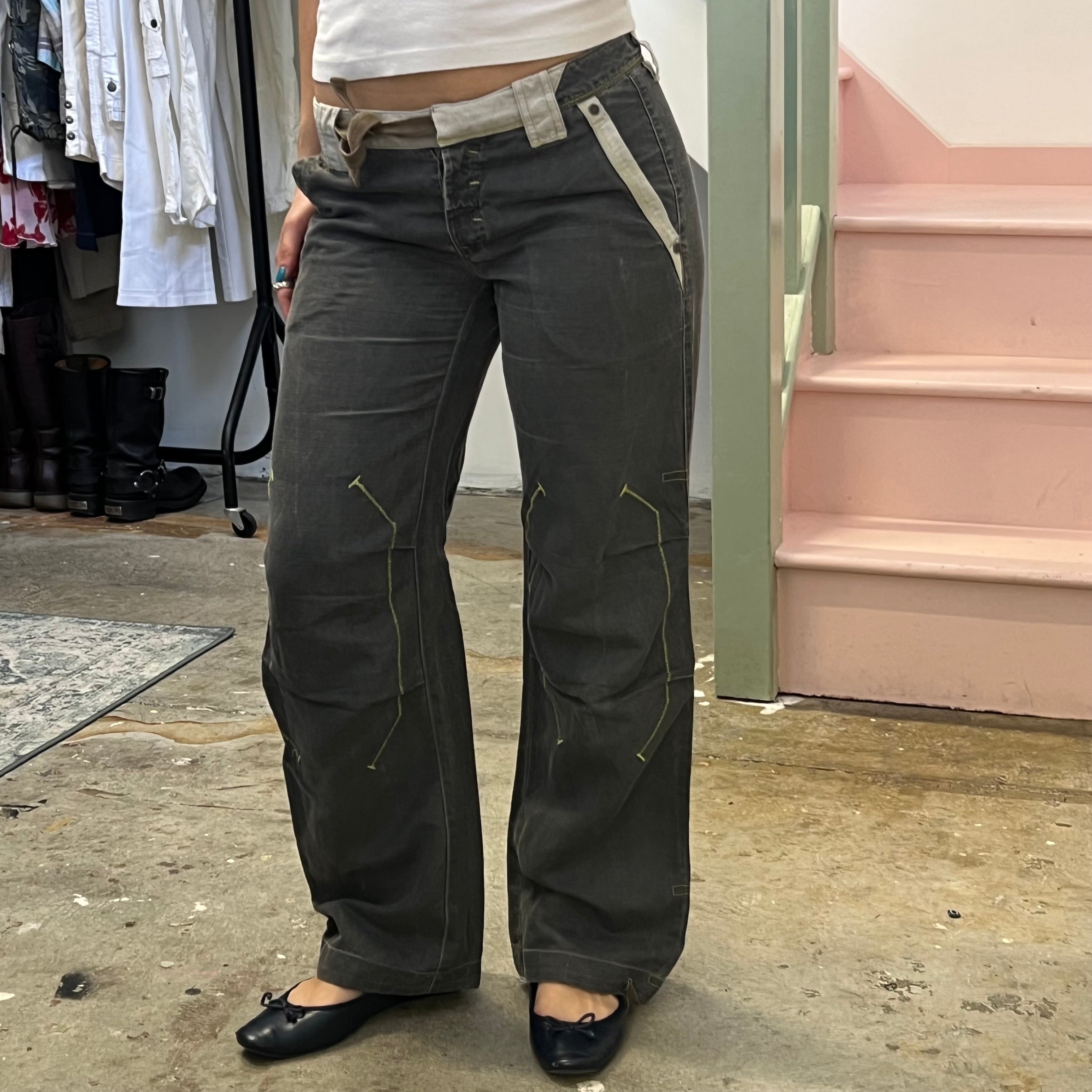 Grey low rise wide leg linen trousers with contrast stitching