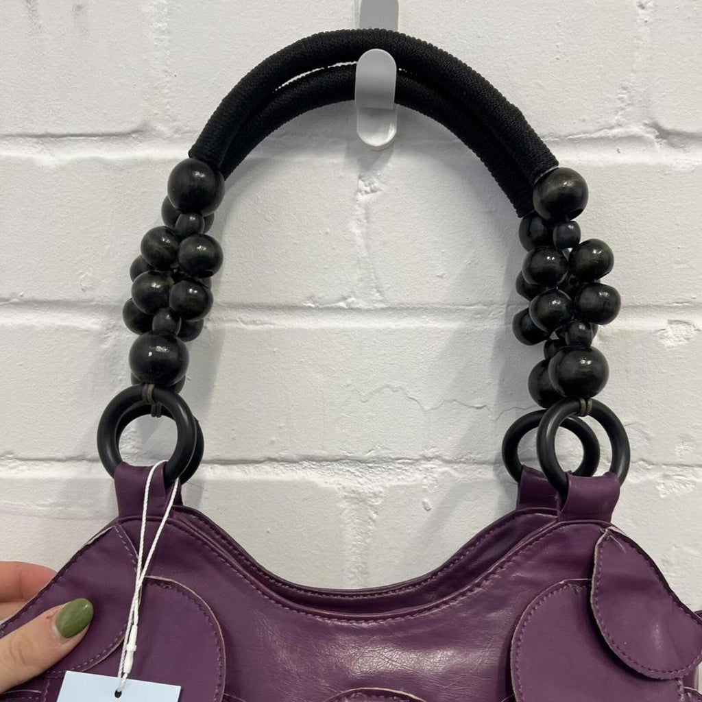 purple vintage faux leather layered disc bag with beaded strap