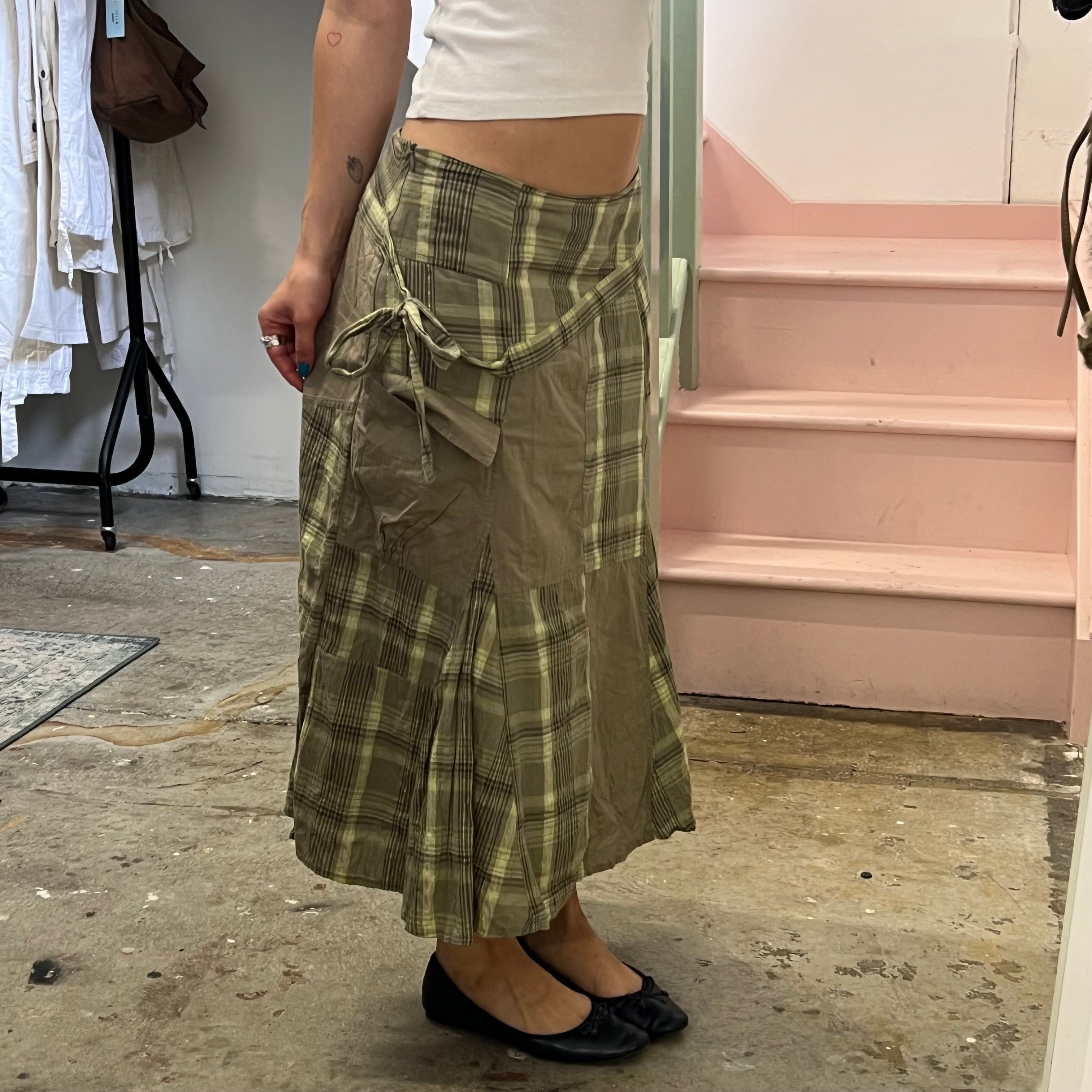Green and khaki checkered patchwork maxi skirt