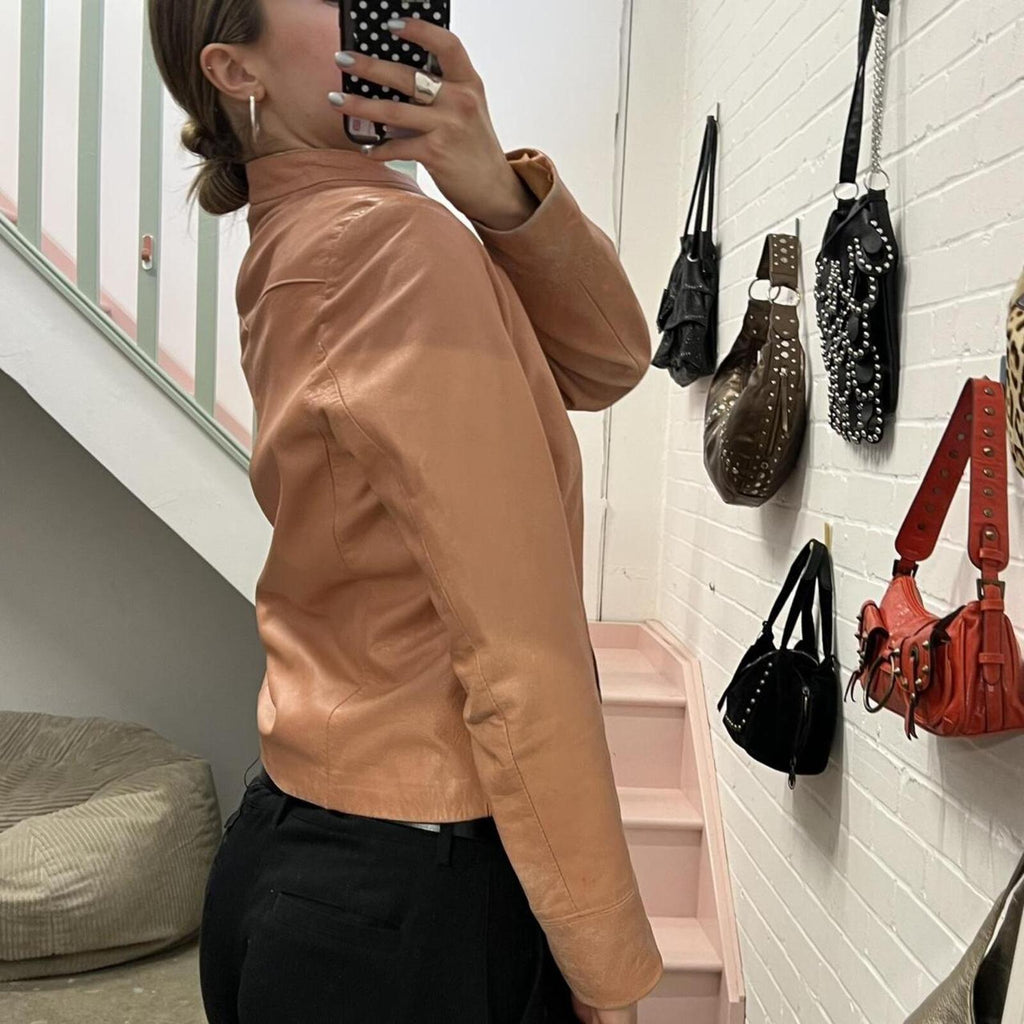 baby pink dusty pink zip up fitted vintage leather jacket with dual zip