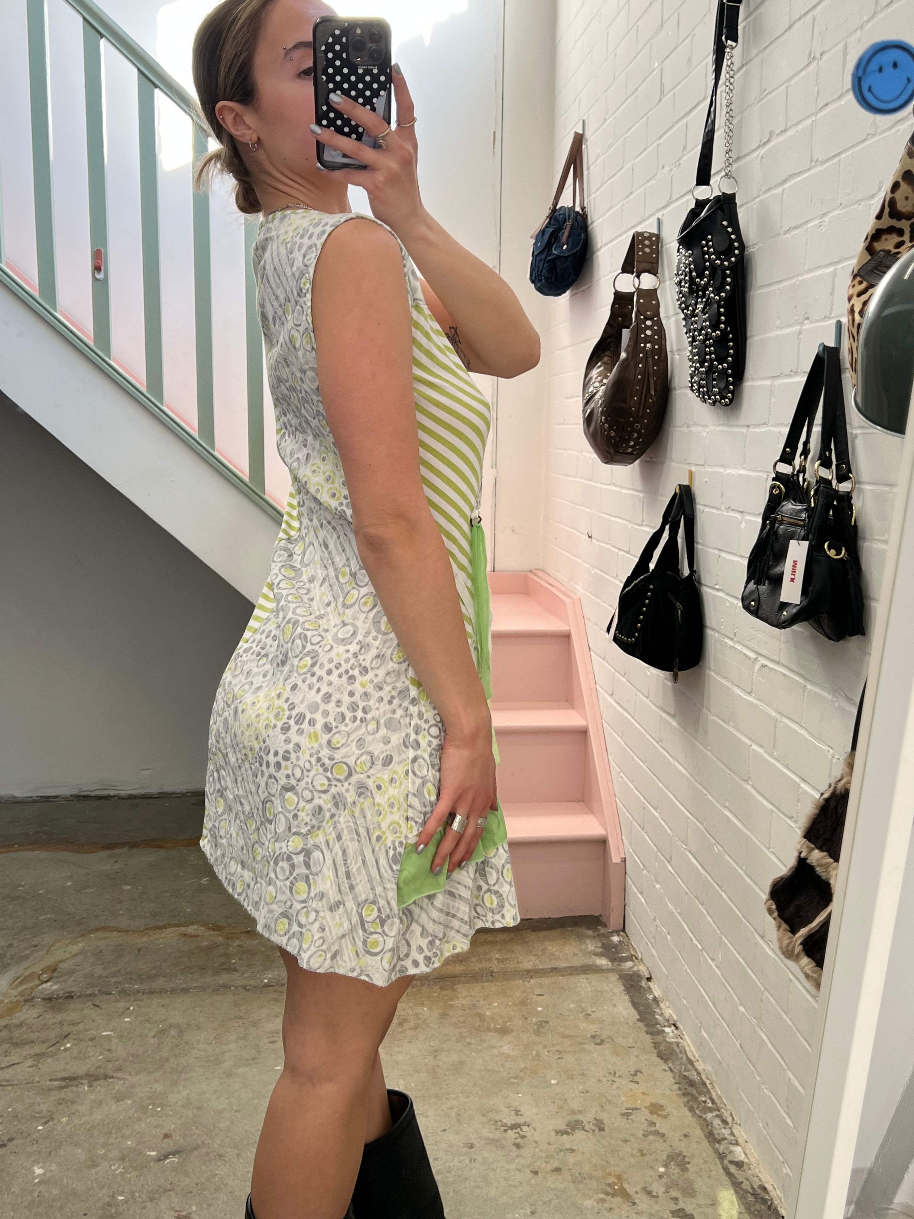 Green and white striped polka dot layered mini dress