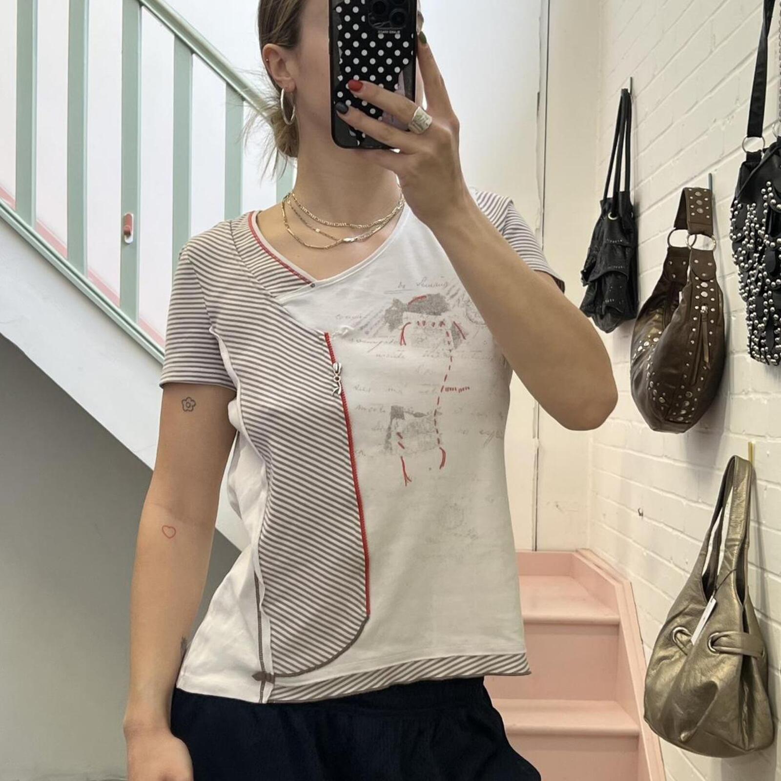 white and red graphic print vintage short sleeve archival top