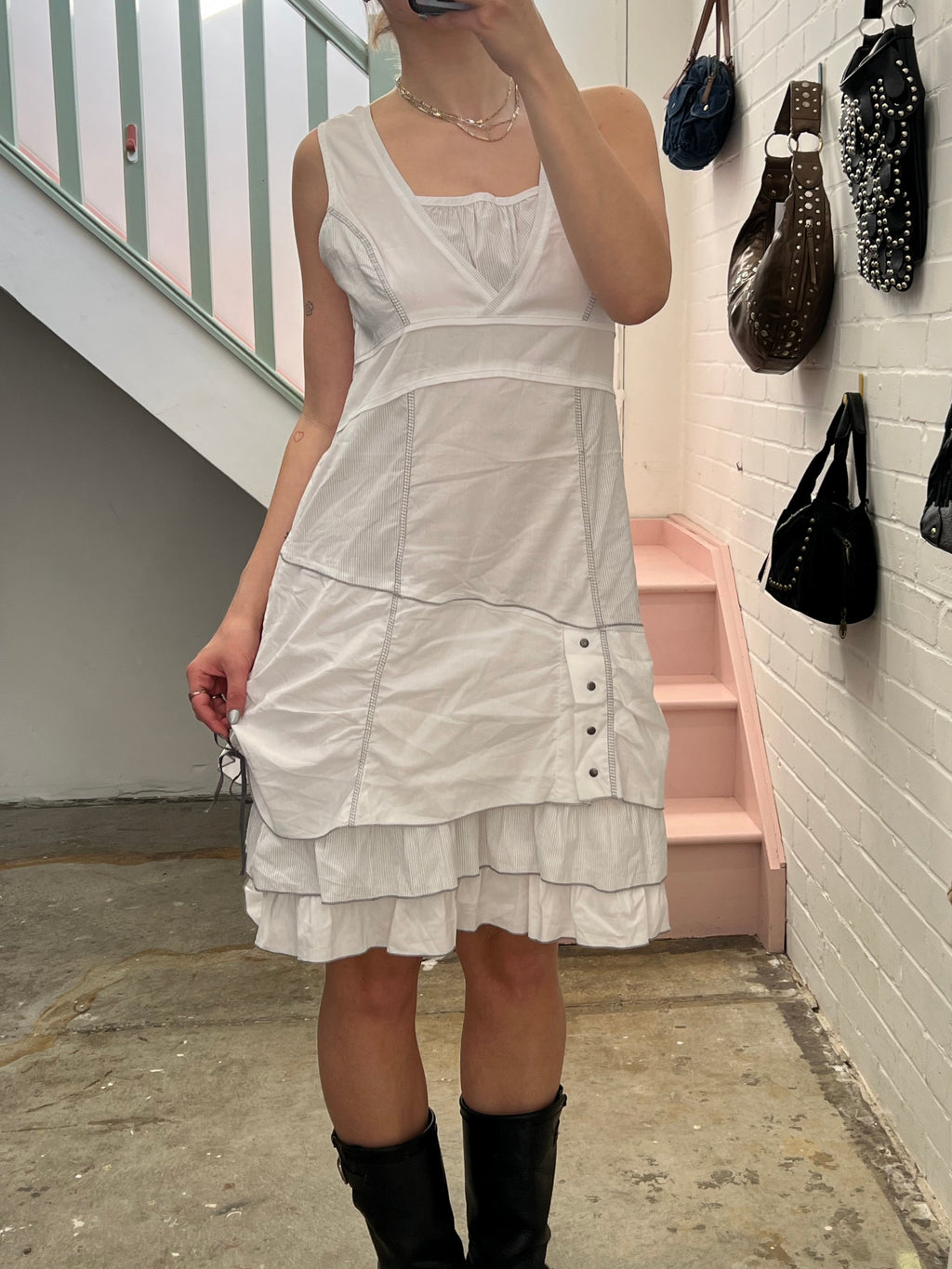 White layered utility style midi dress