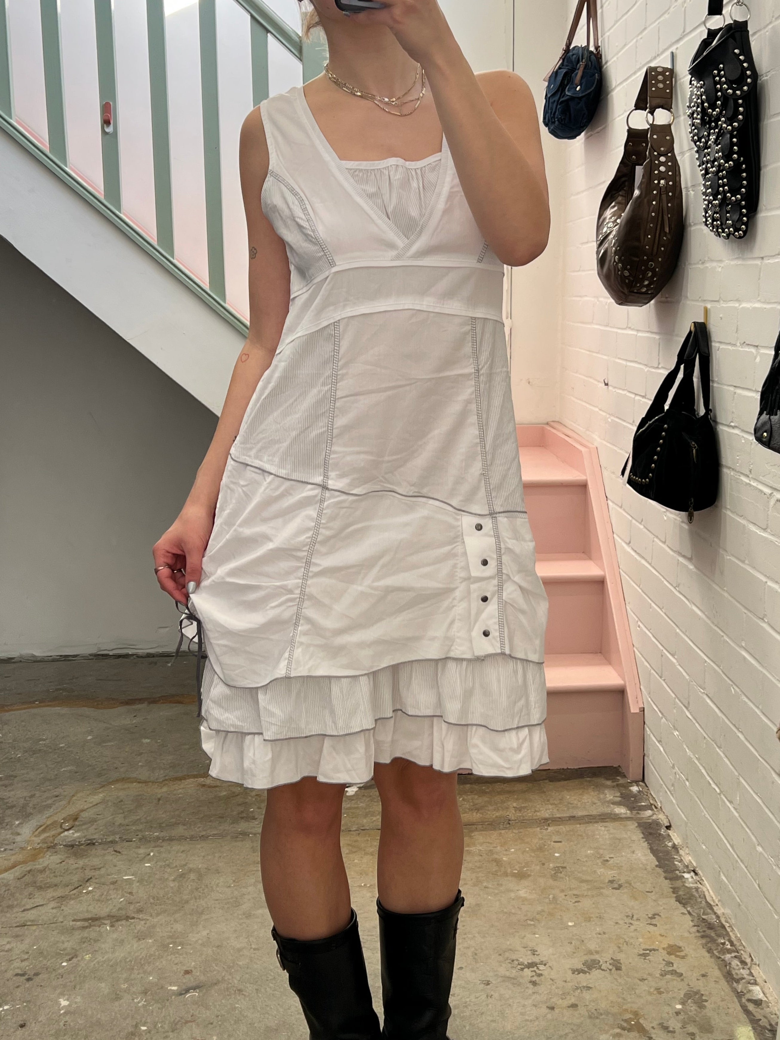White layered utility style midi dress