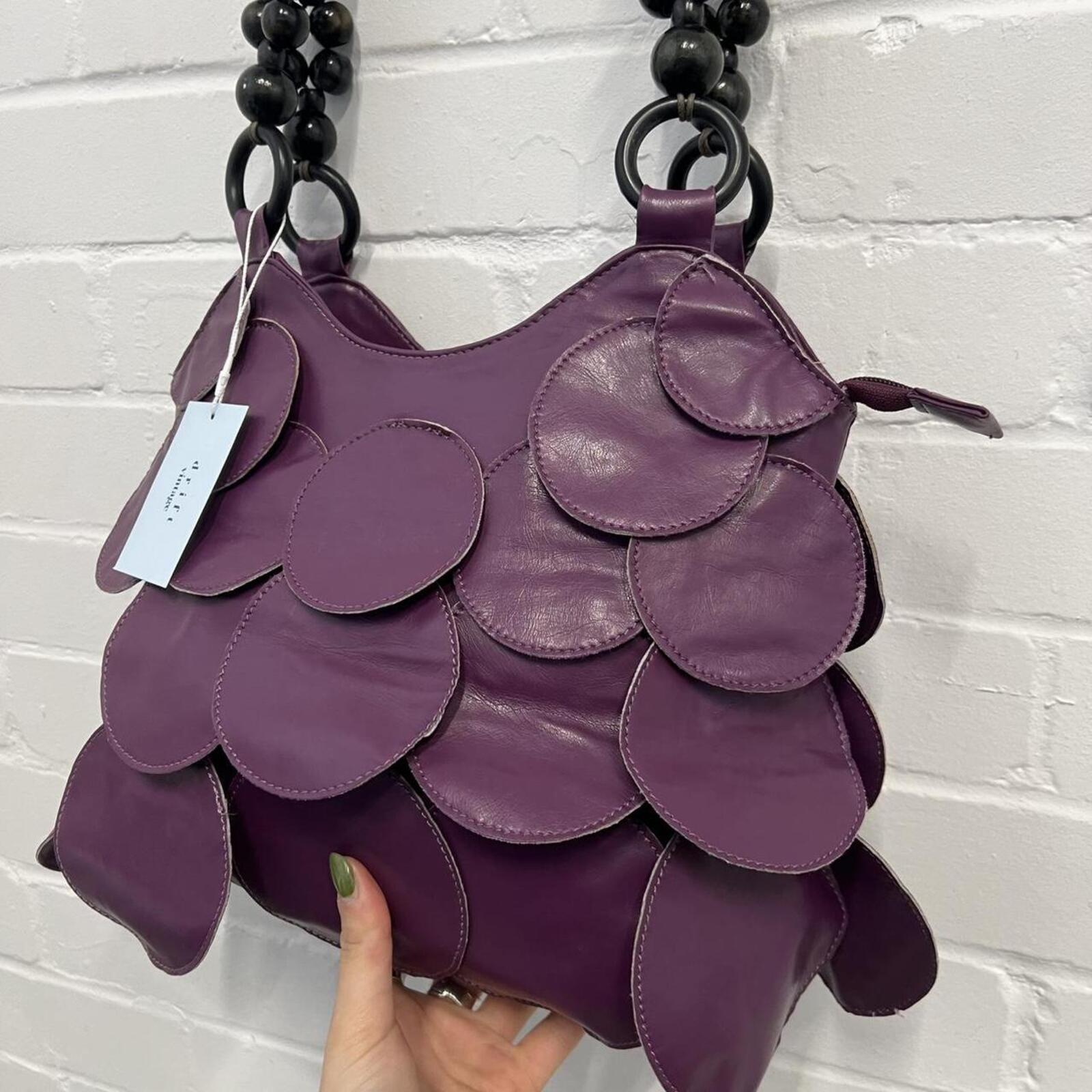 purple vintage faux leather layered disc bag with beaded strap