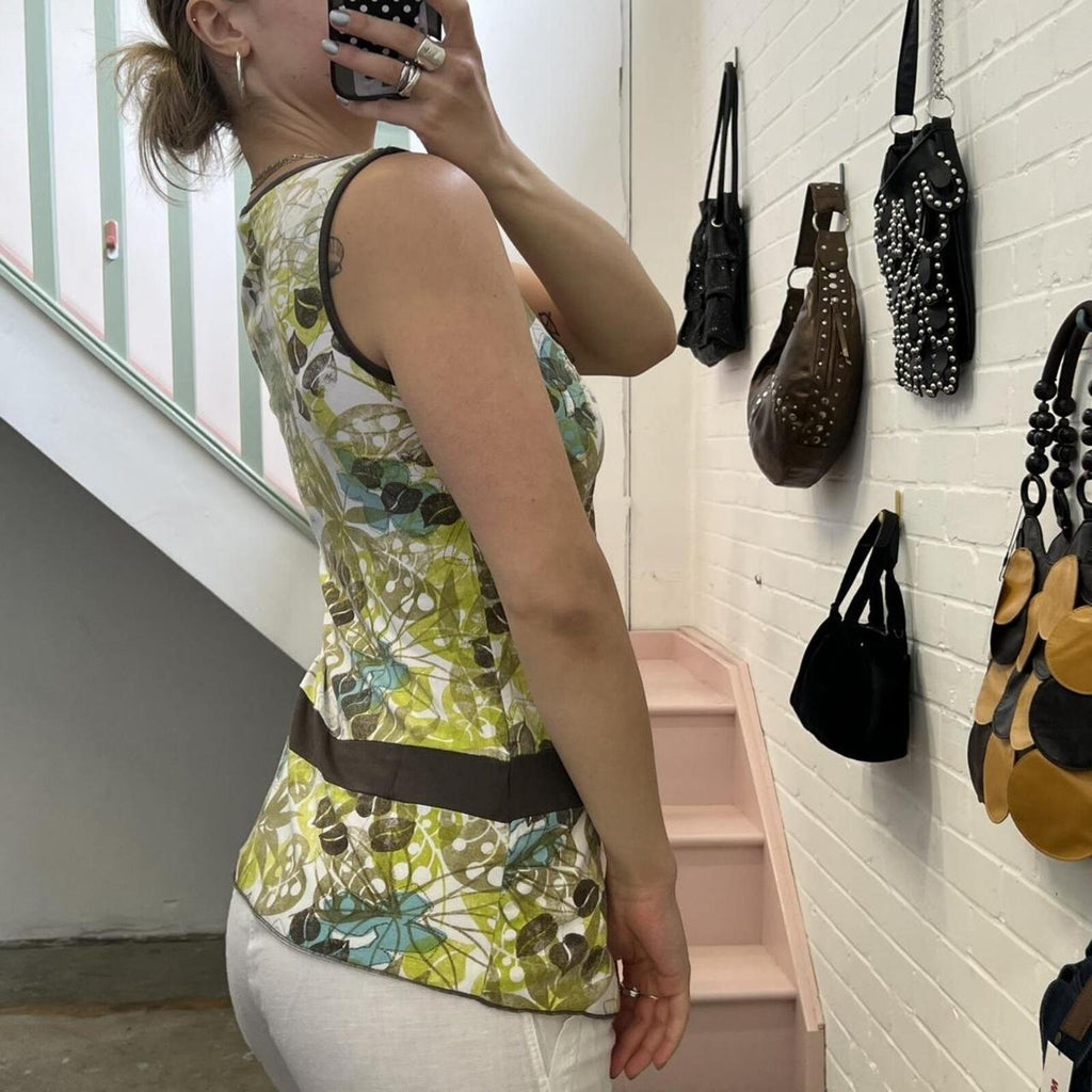green brown and white graphic print vintage vest top with drop waistband