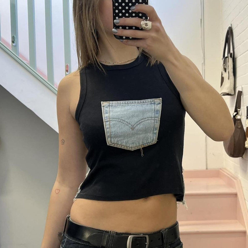 black fitted vintage vest with denim patchwork detail