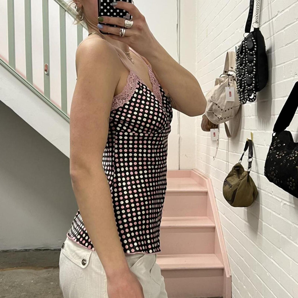 black pink and white satin polka dot lace trim vintage cami