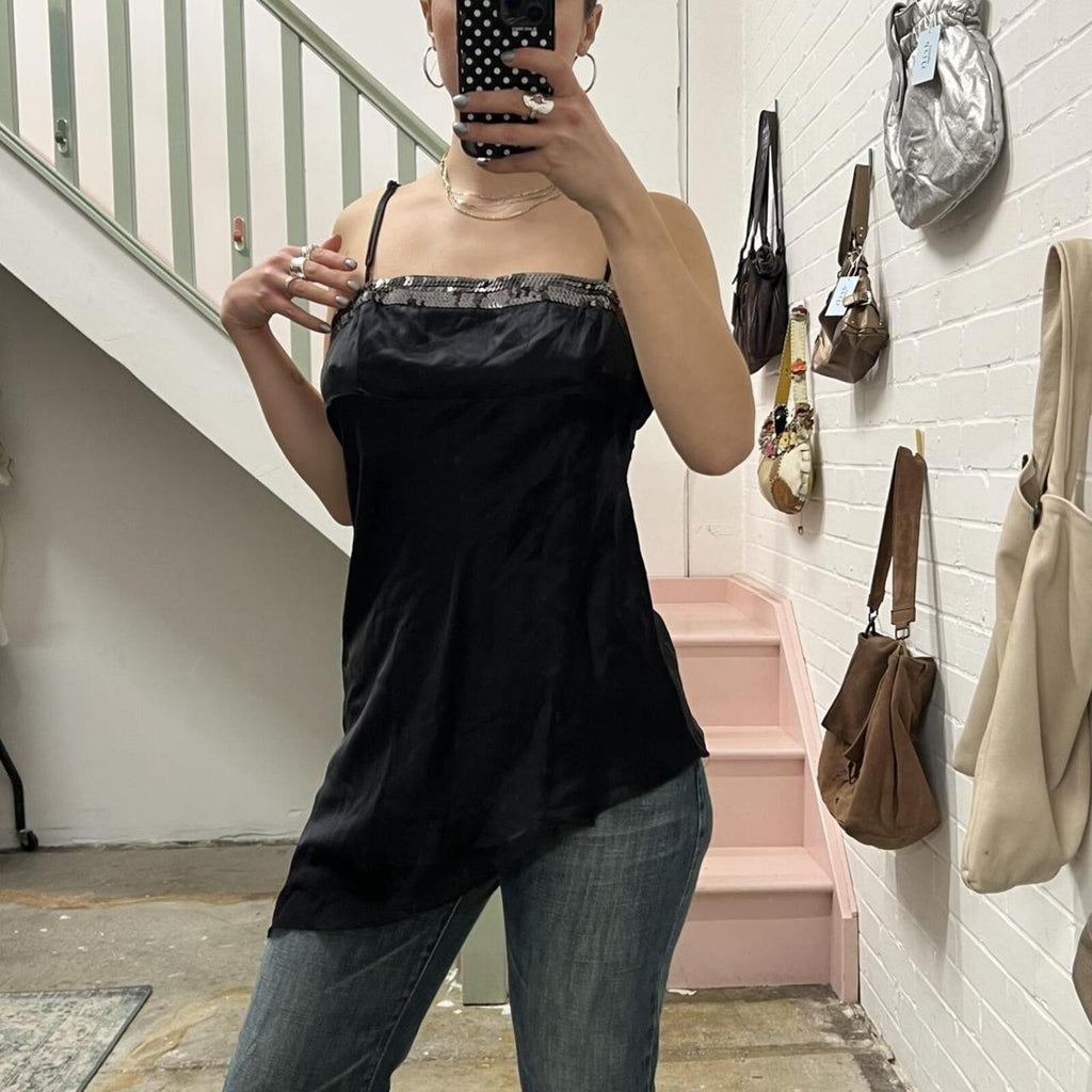 Black silk vintage asymmetrical long cami / dress perfect for layering