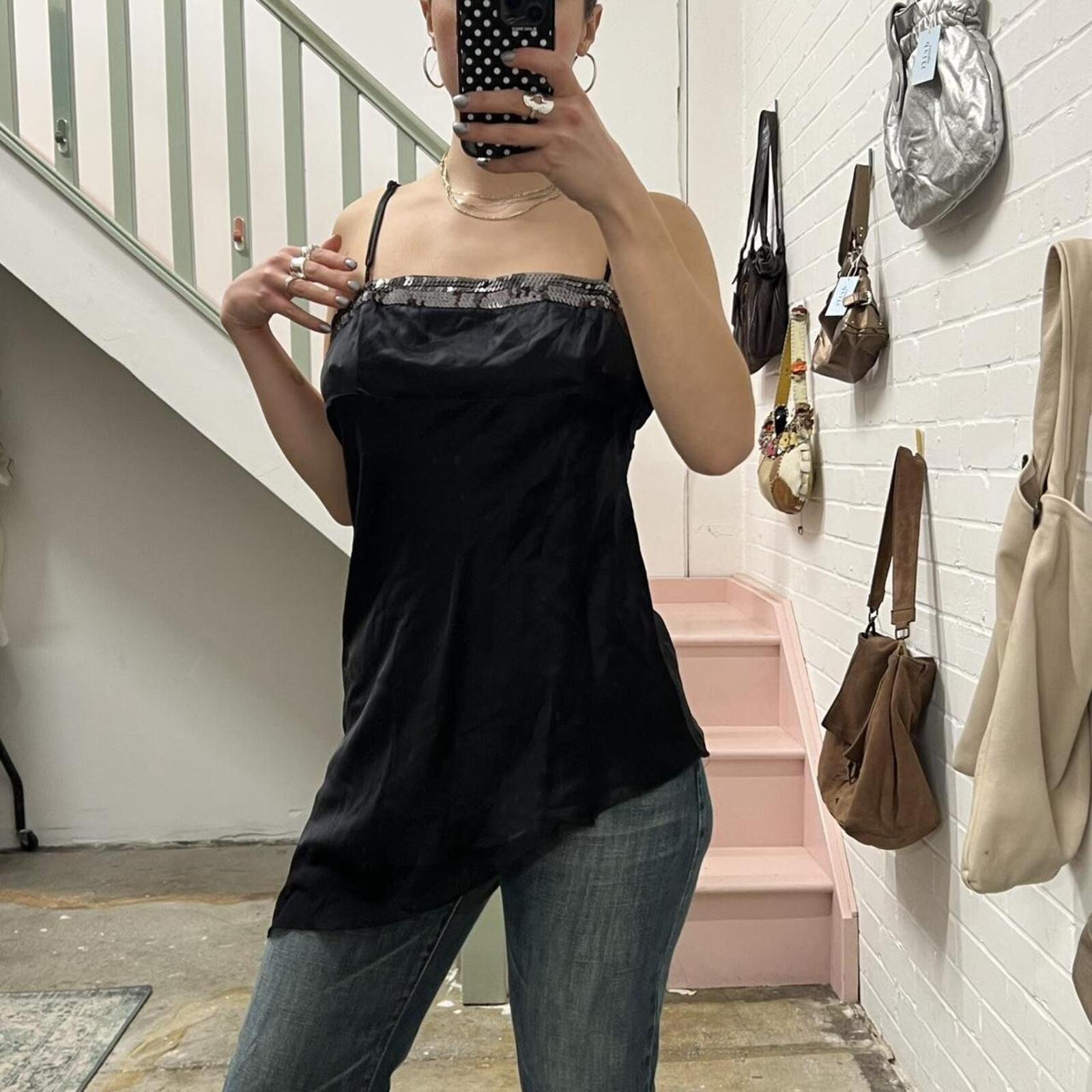 Black silk vintage asymmetrical long cami / dress perfect for layering