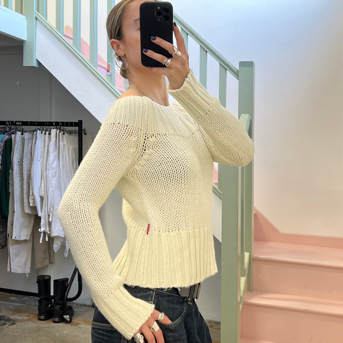 Cream chunky knit off shoulder sweater