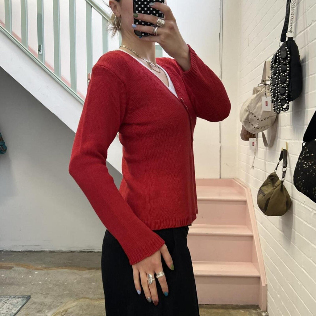 red knitted vintage cardigan with pearl buttons