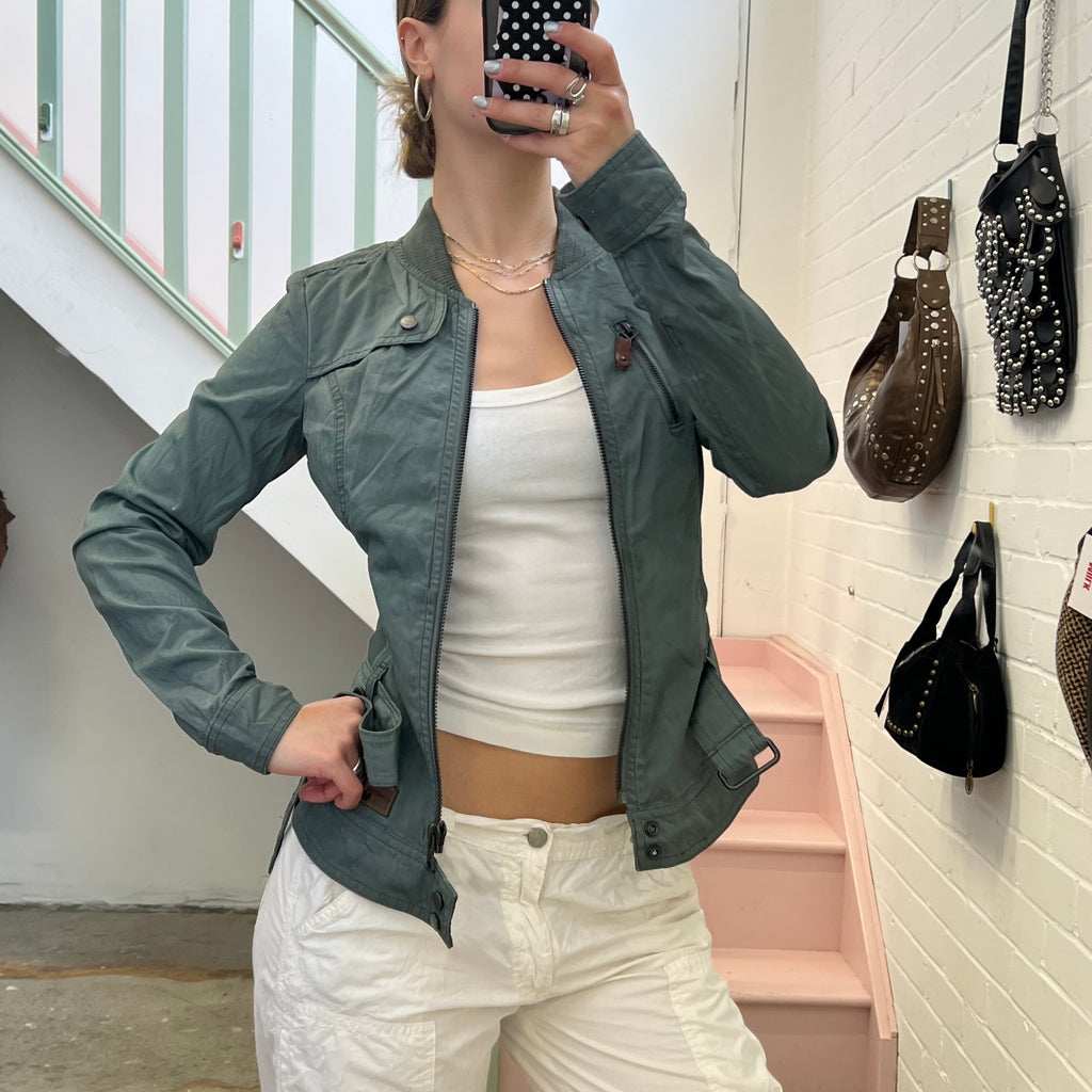 Teal dark green zip up fitted utility style jacket