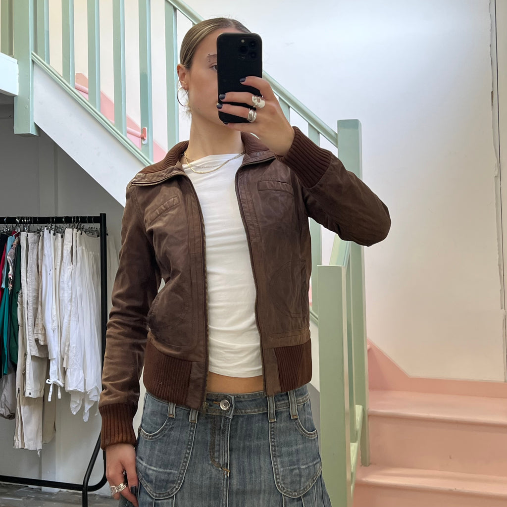 Brown leather bomber jacket