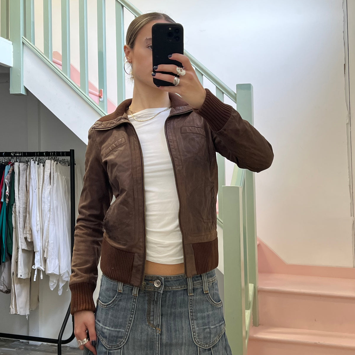 Brown leather bomber jacket