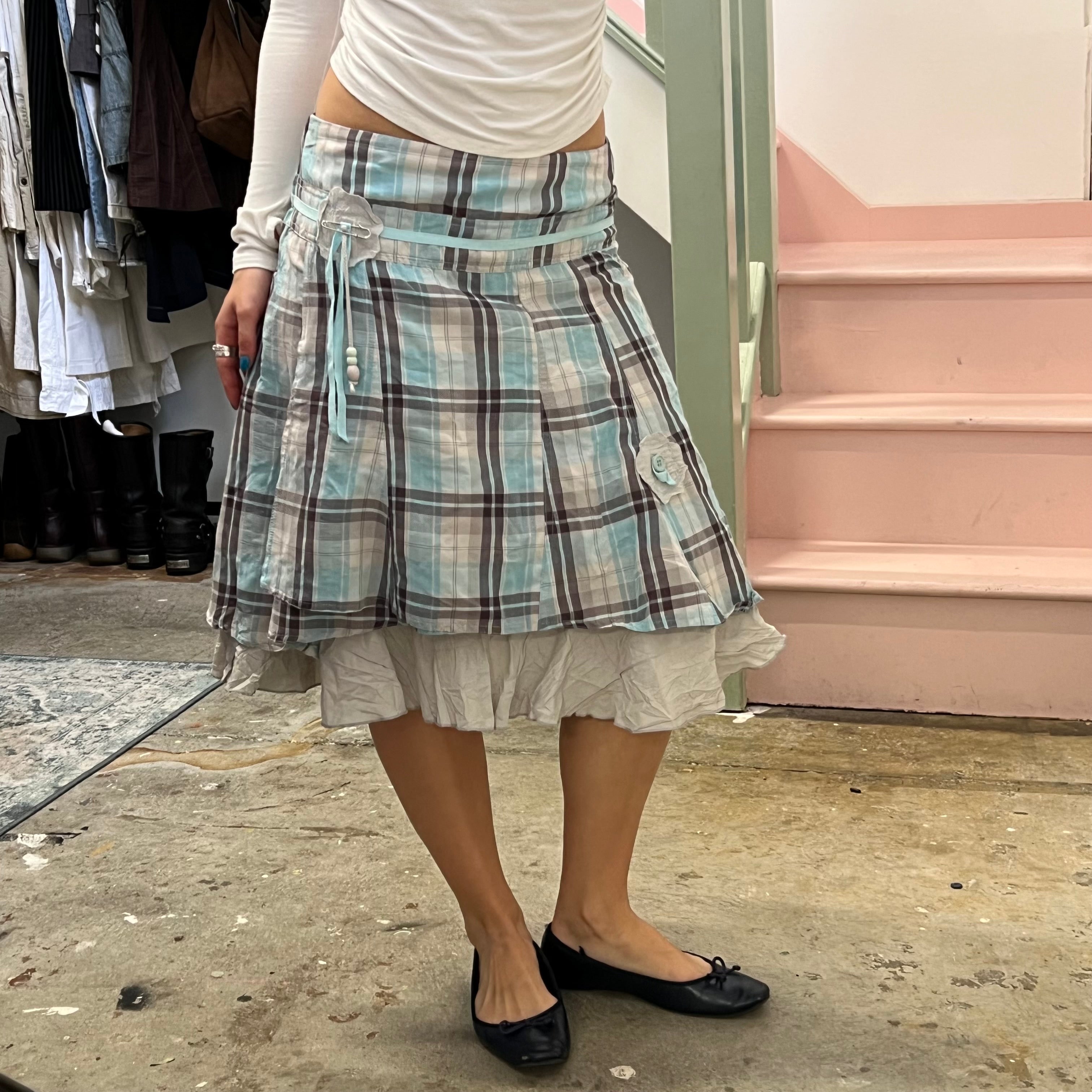 Cache blue and brown checkered layered midi skirt