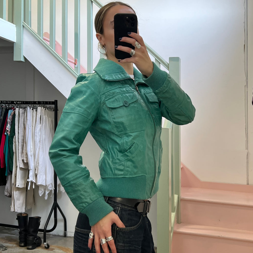 ONLY green leather bomber jacket