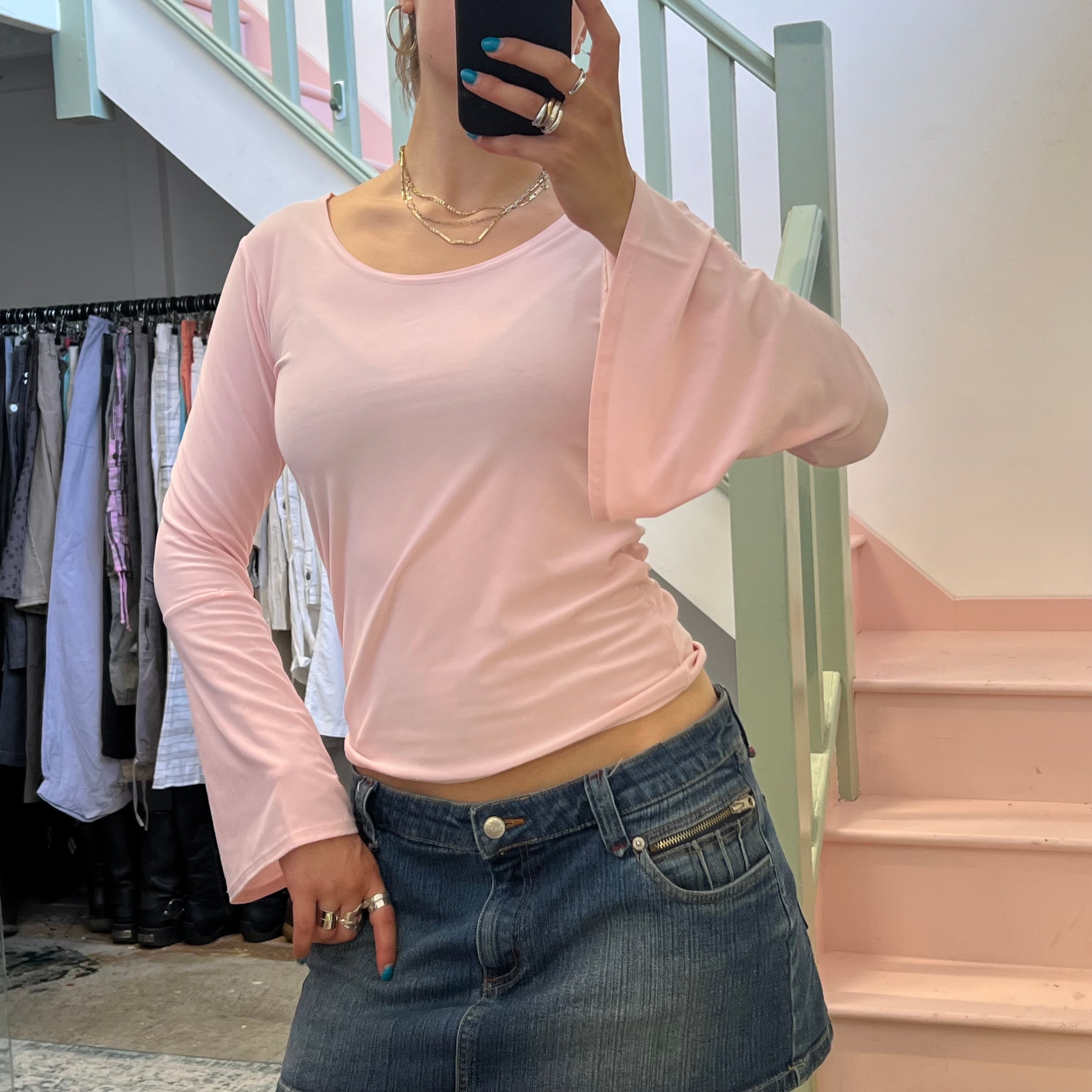 Baby pink flared sleeve top
