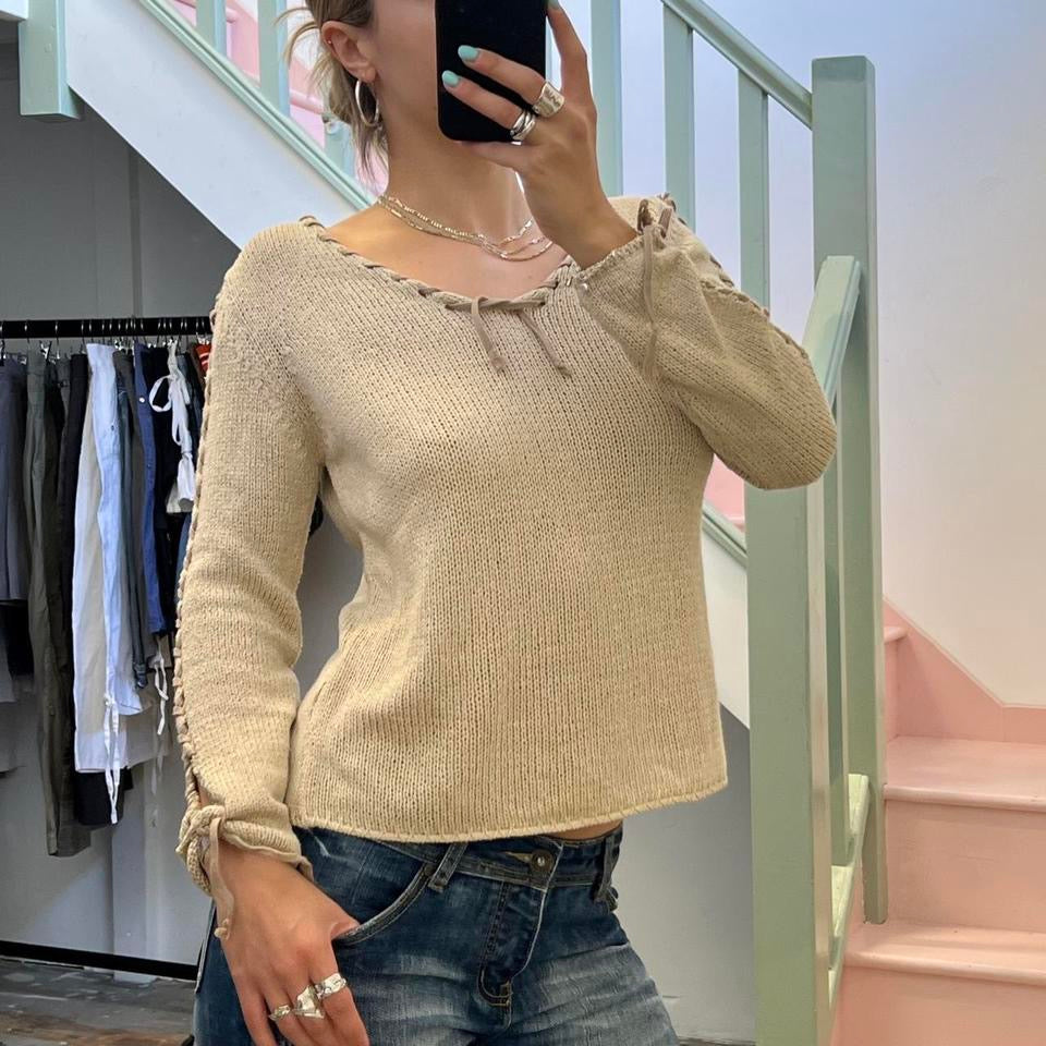 Cream lace up knitted sweater