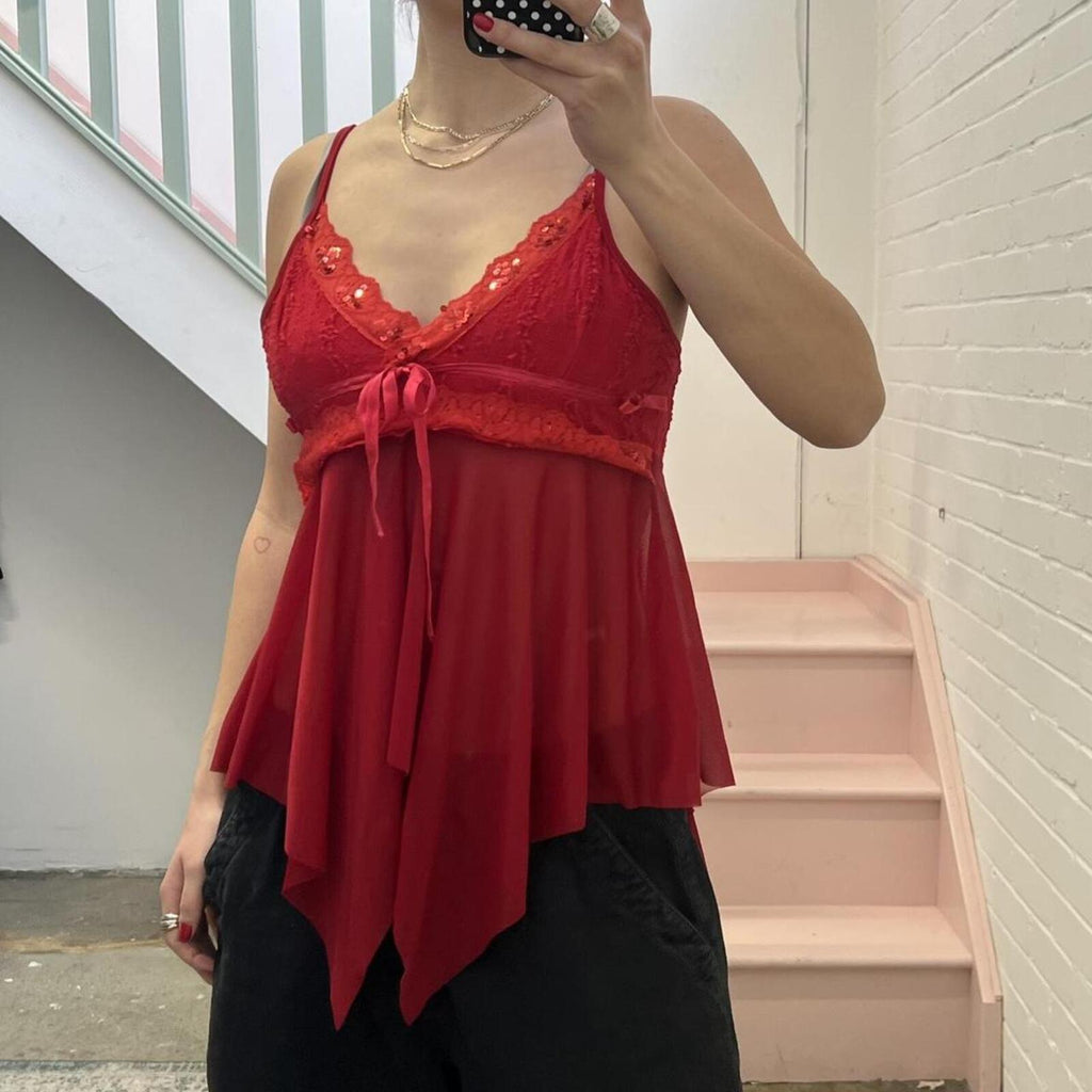 Red mesh beaded floaty asymmetrical vintage cami top