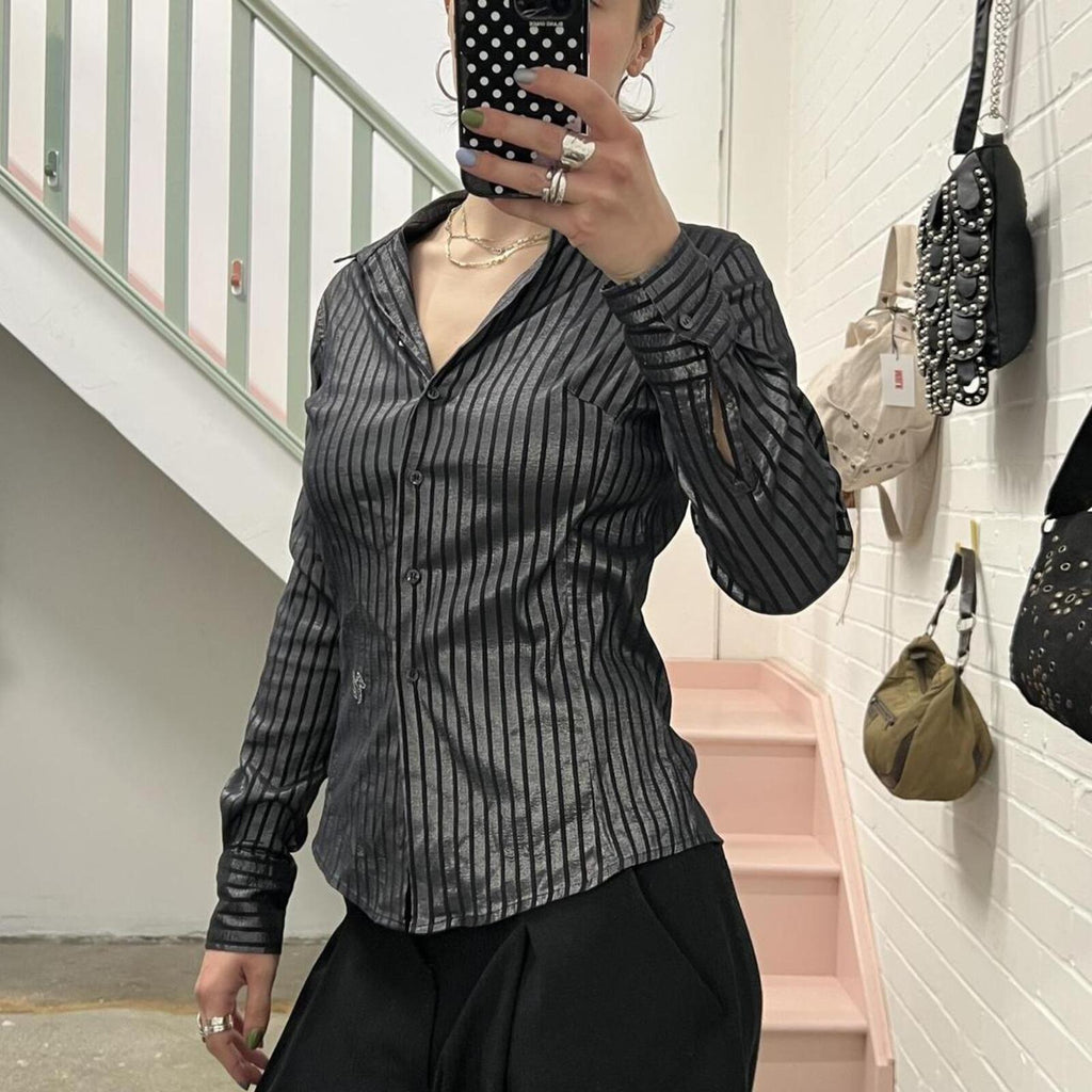 Black and silver striped fitted vintage button up shirt