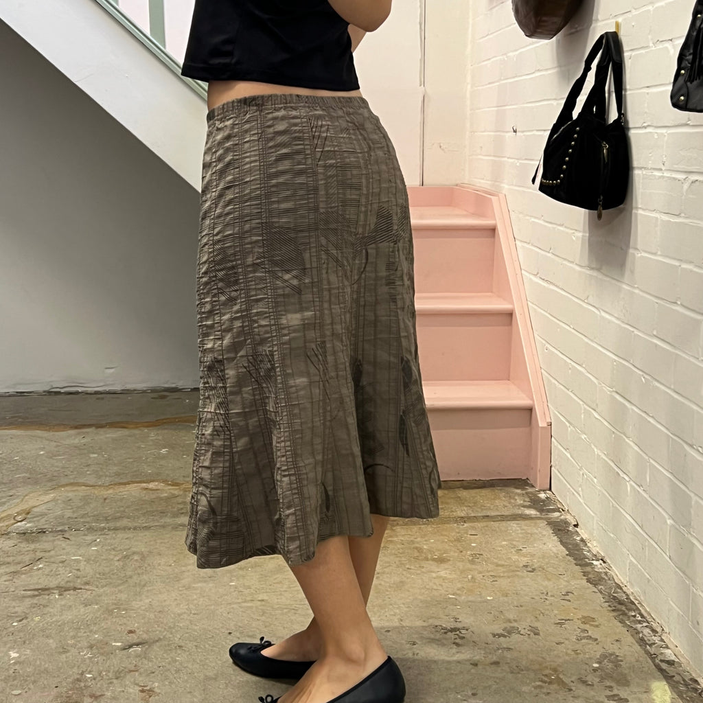 Grey polka dot geo print crinkle floaty midi skirt