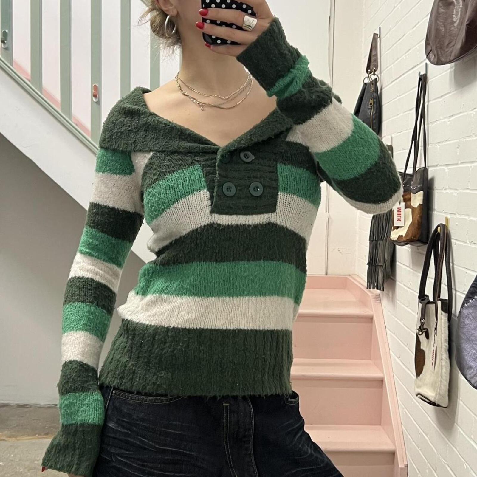 green and white off shoulder vintage striped sweater