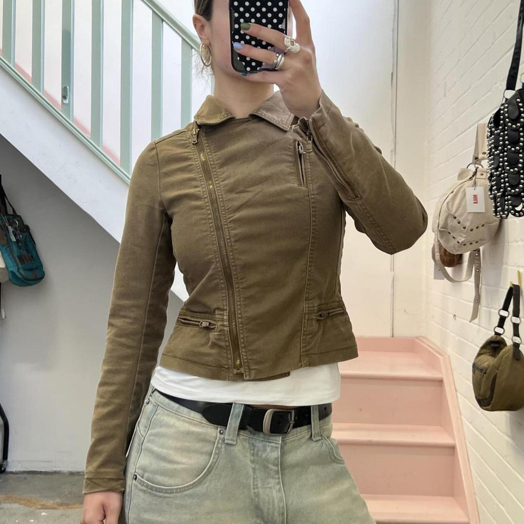 Khaki brown denim fitted zip up biker style vintage jacket