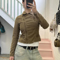 Khaki brown denim fitted zip up biker style vintage jacket