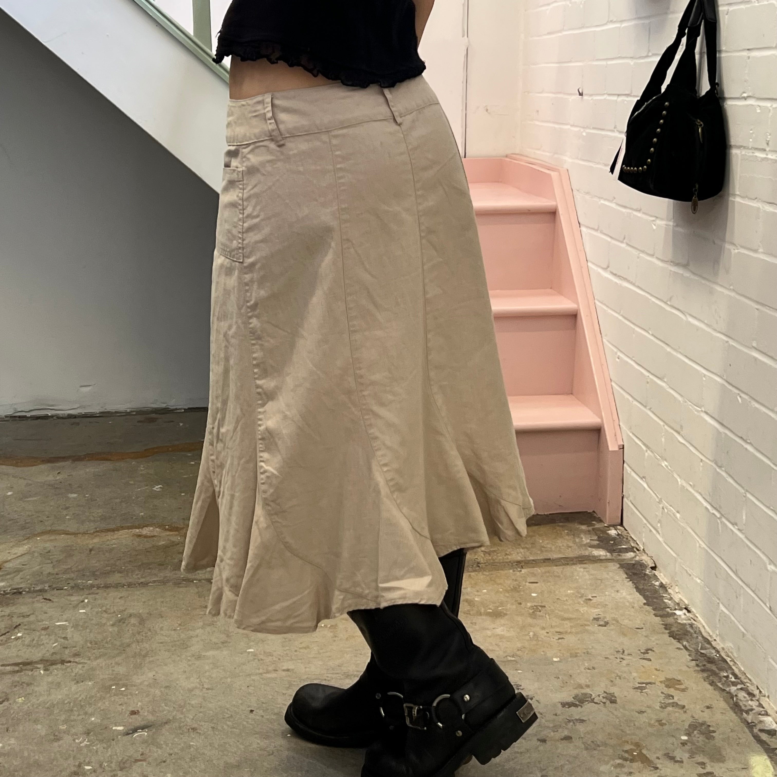 Cream linen pleated tailored maxi skirt