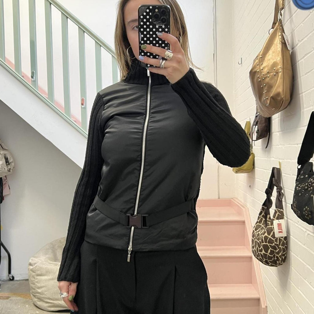 black vintage zip up high neck lightweight jacket with belted waist