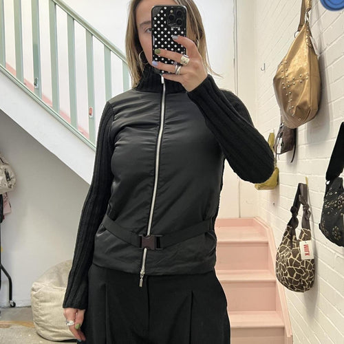 black vintage zip up high neck lightweight jacket with belted waist