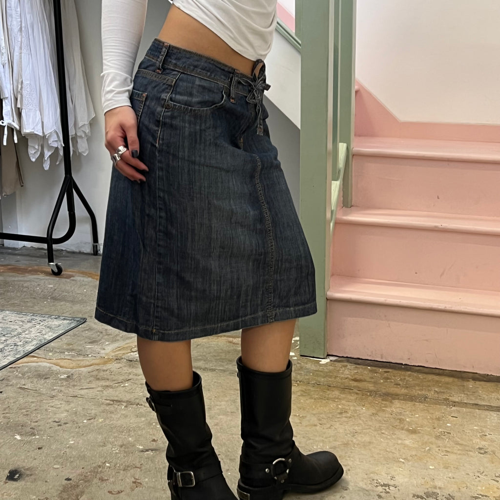 Dark wash denim tie waist midi skirt