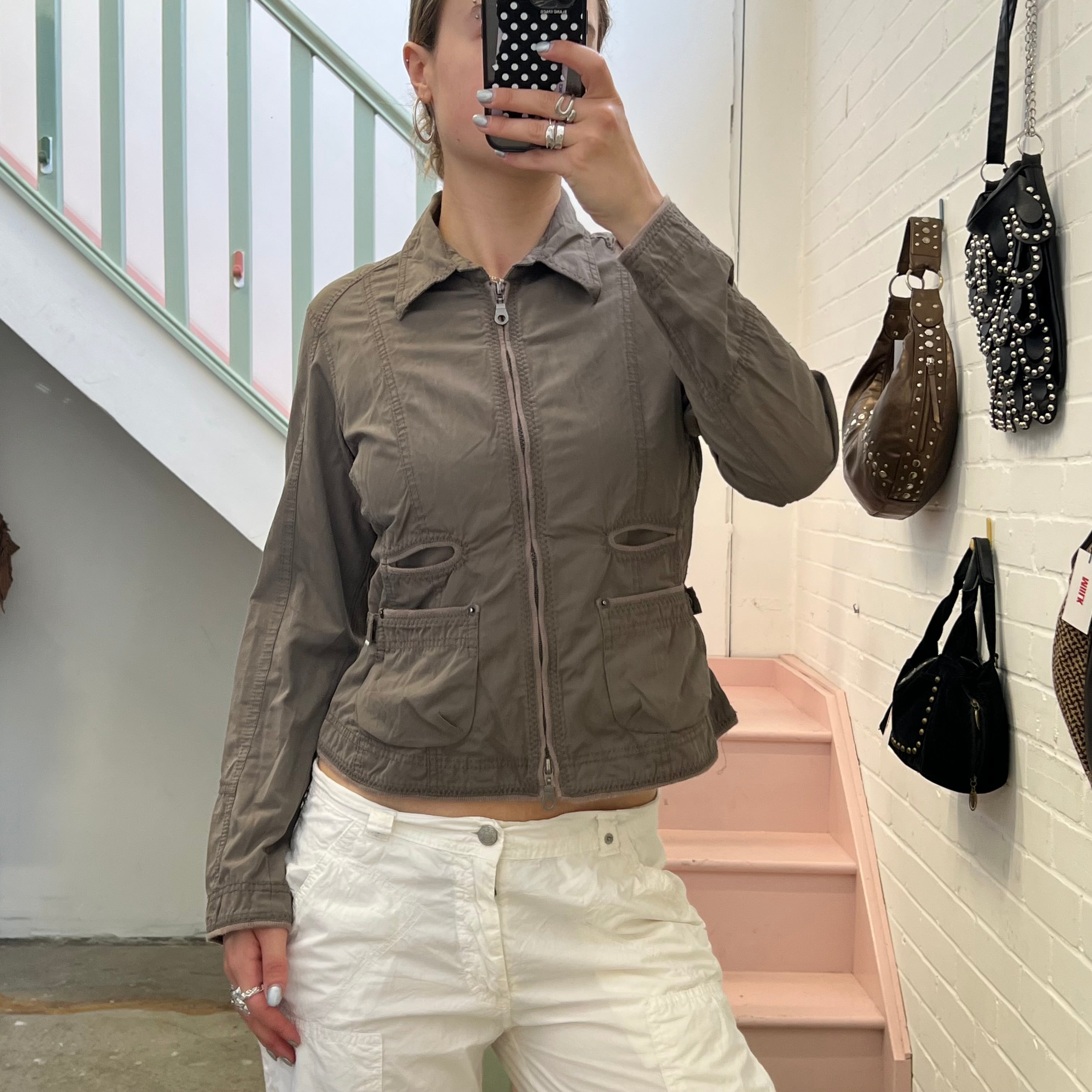 Khaki grey lightweight fitted zip up biker jacket