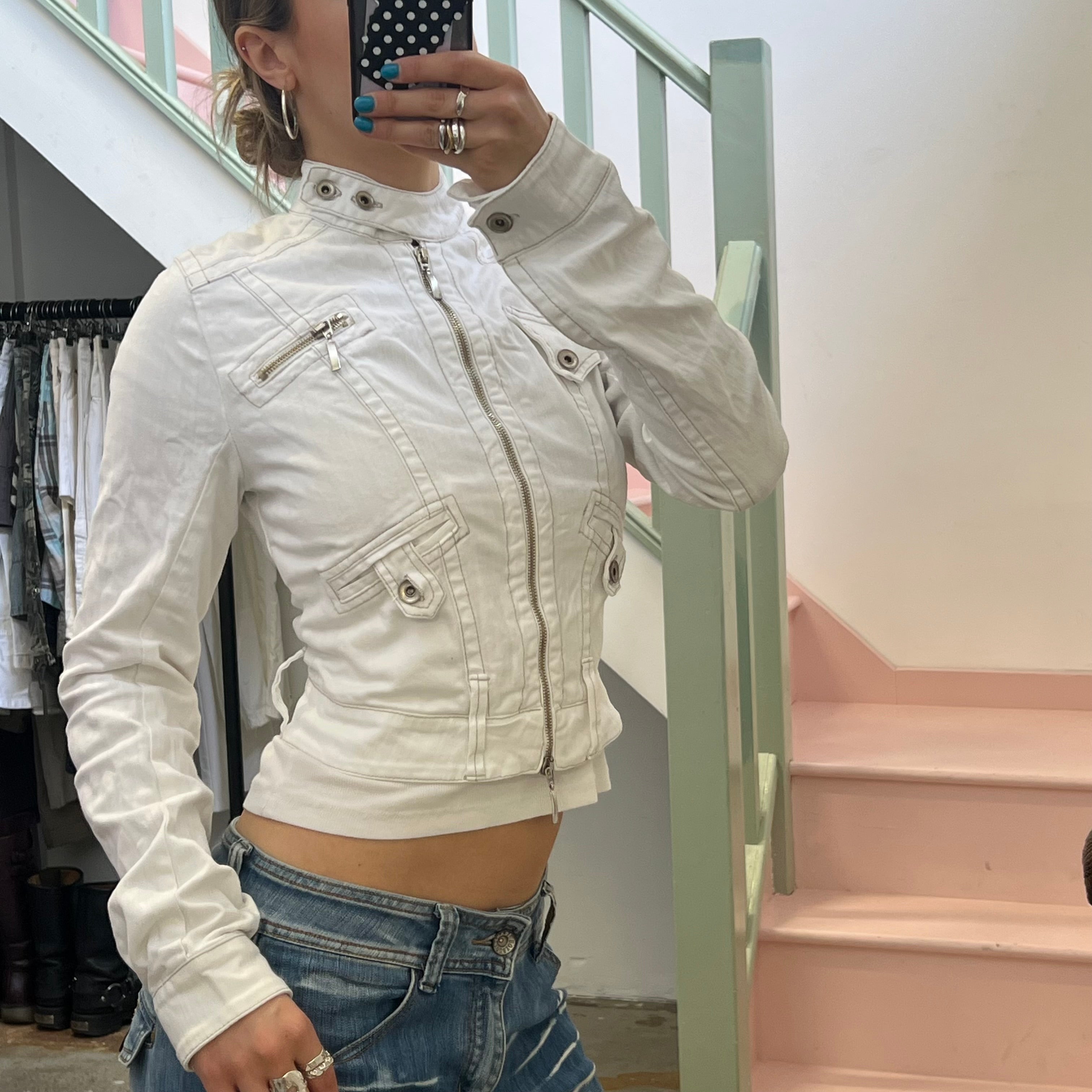 White denim zip up biker jacket