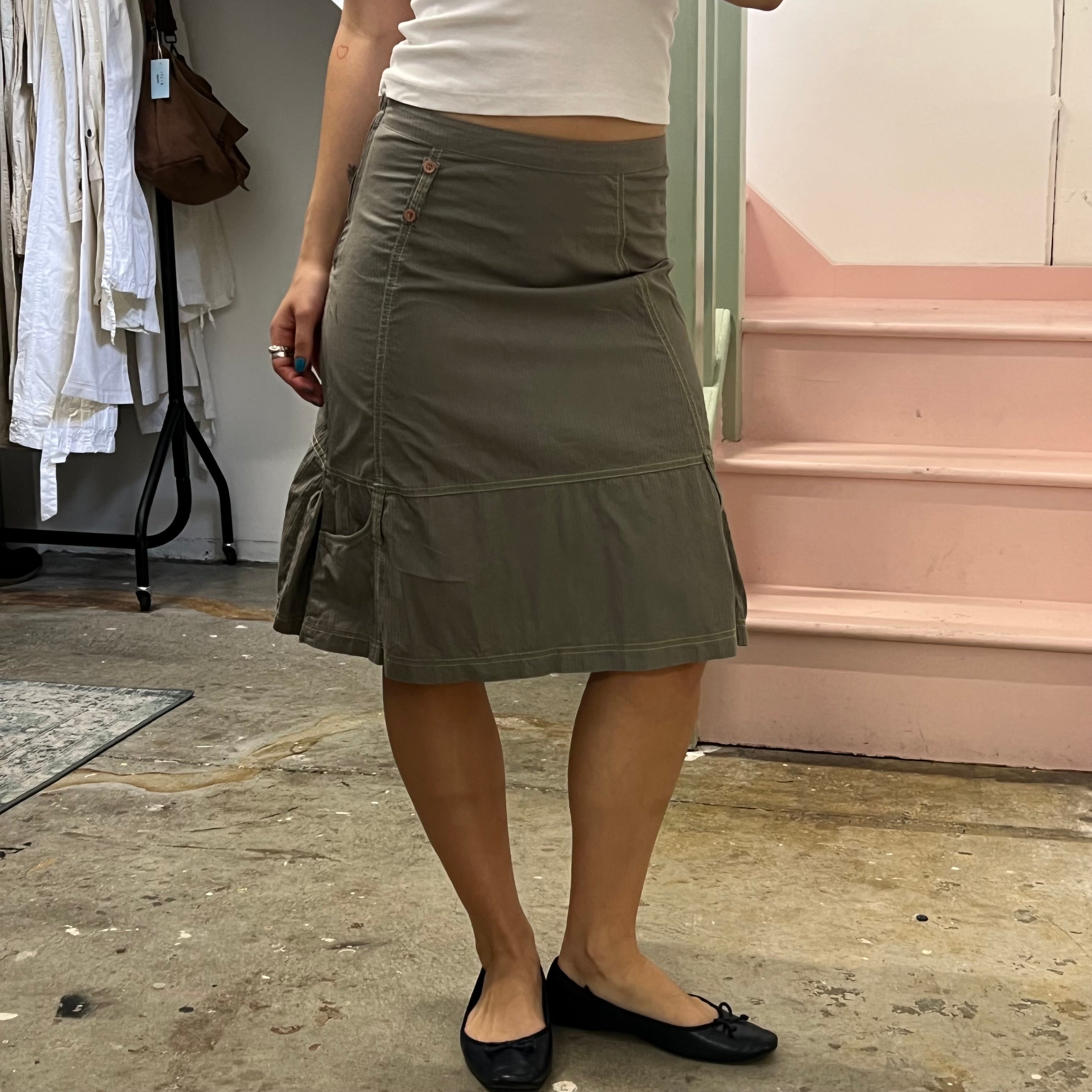 Cache pinstripe khaki cargo midi skirt