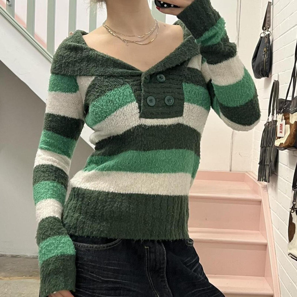 green and white off shoulder vintage striped sweater