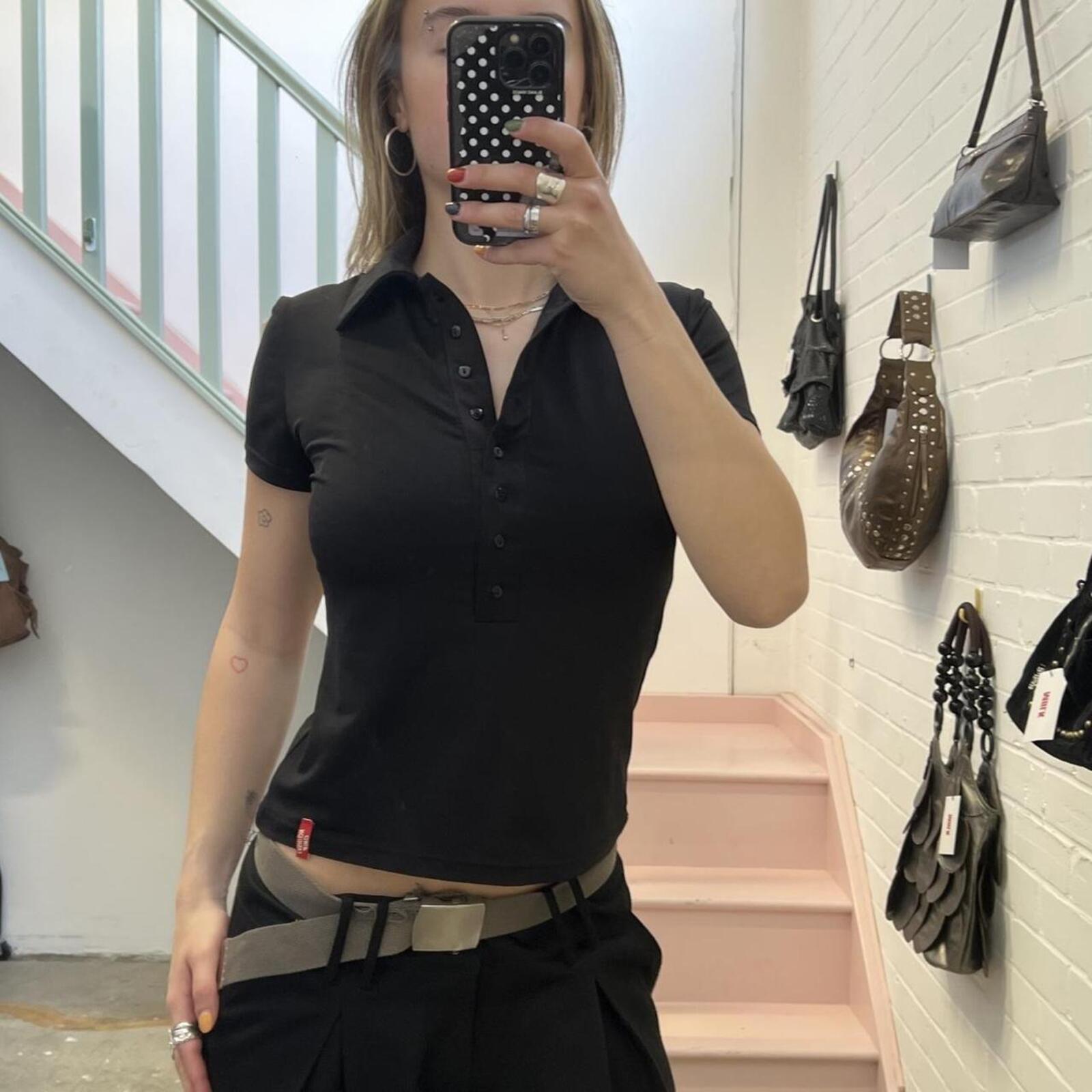 Black fitted button up ruched vintage polo shirt