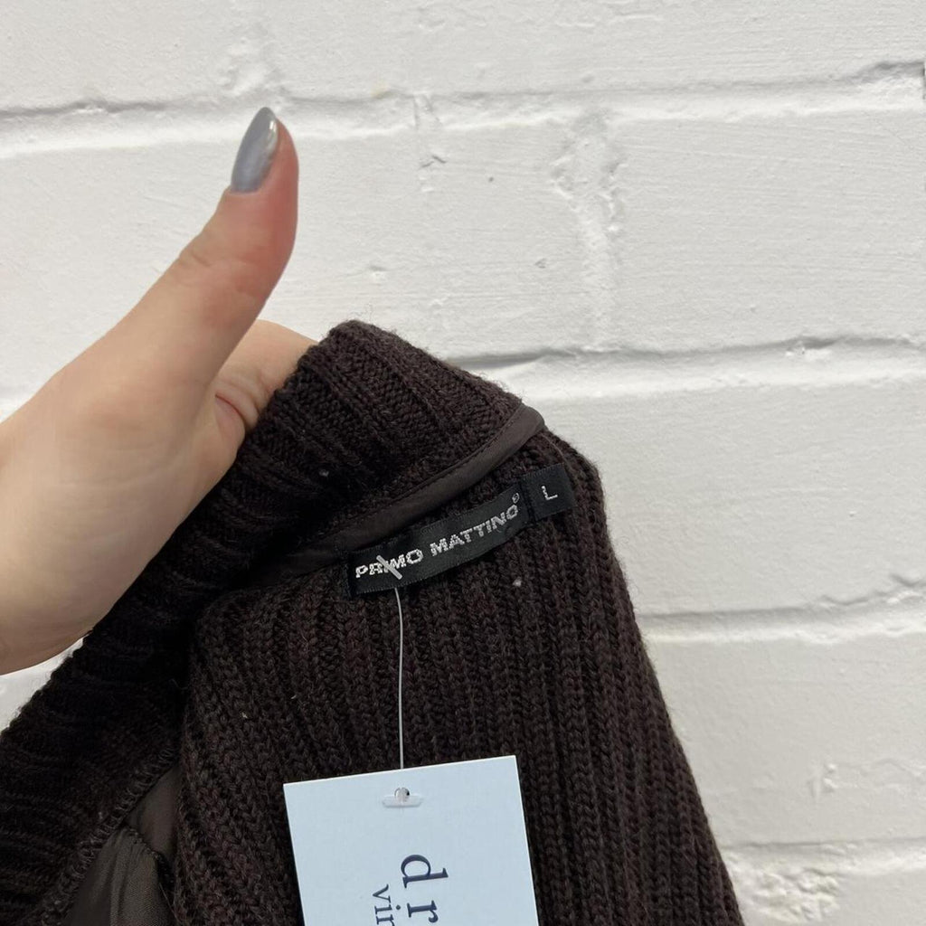 brown vintage padded sweater with lambs wool knitted sleeves and dual zip