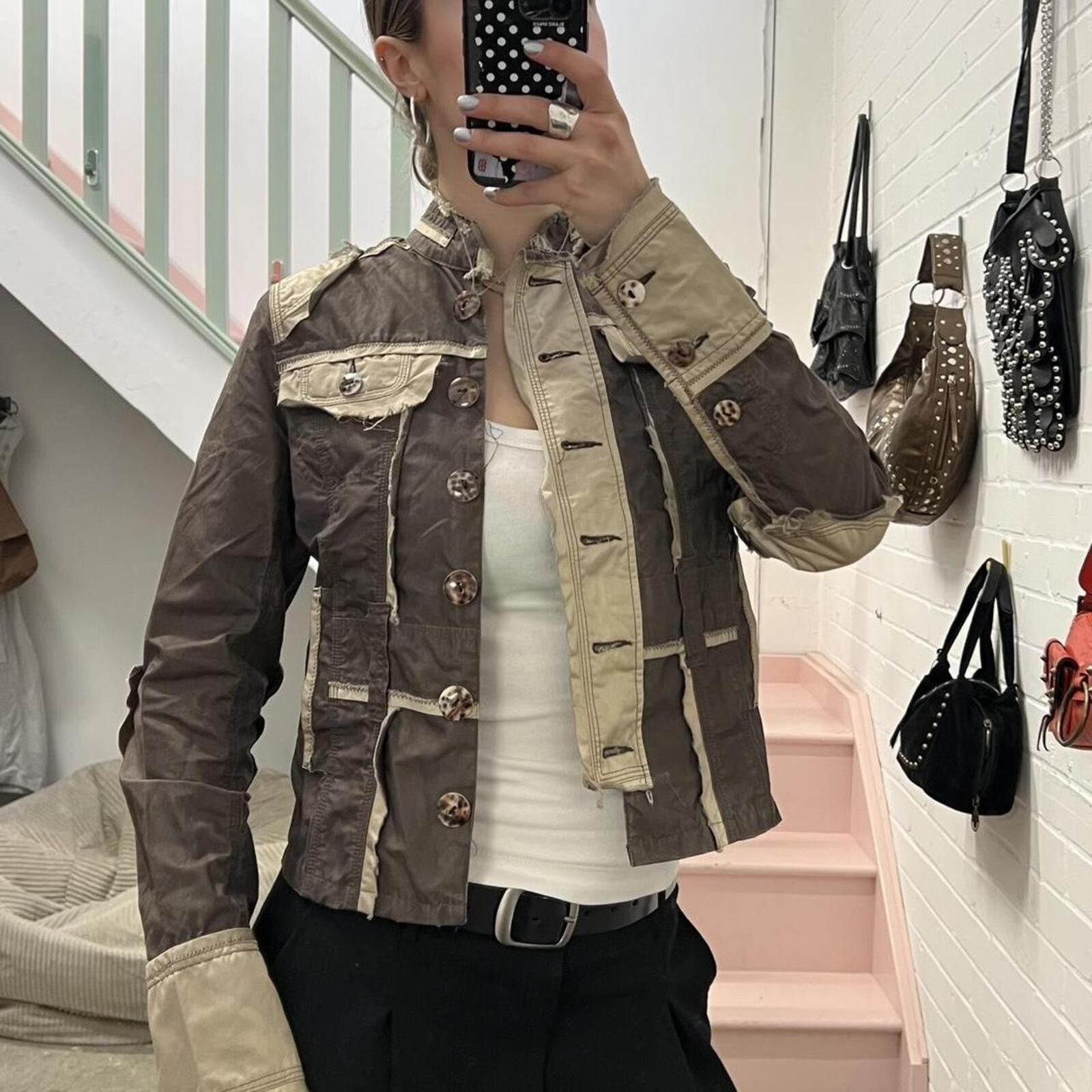 Guess brown and cream utility style button up vintage distressed archival lightweight jacket