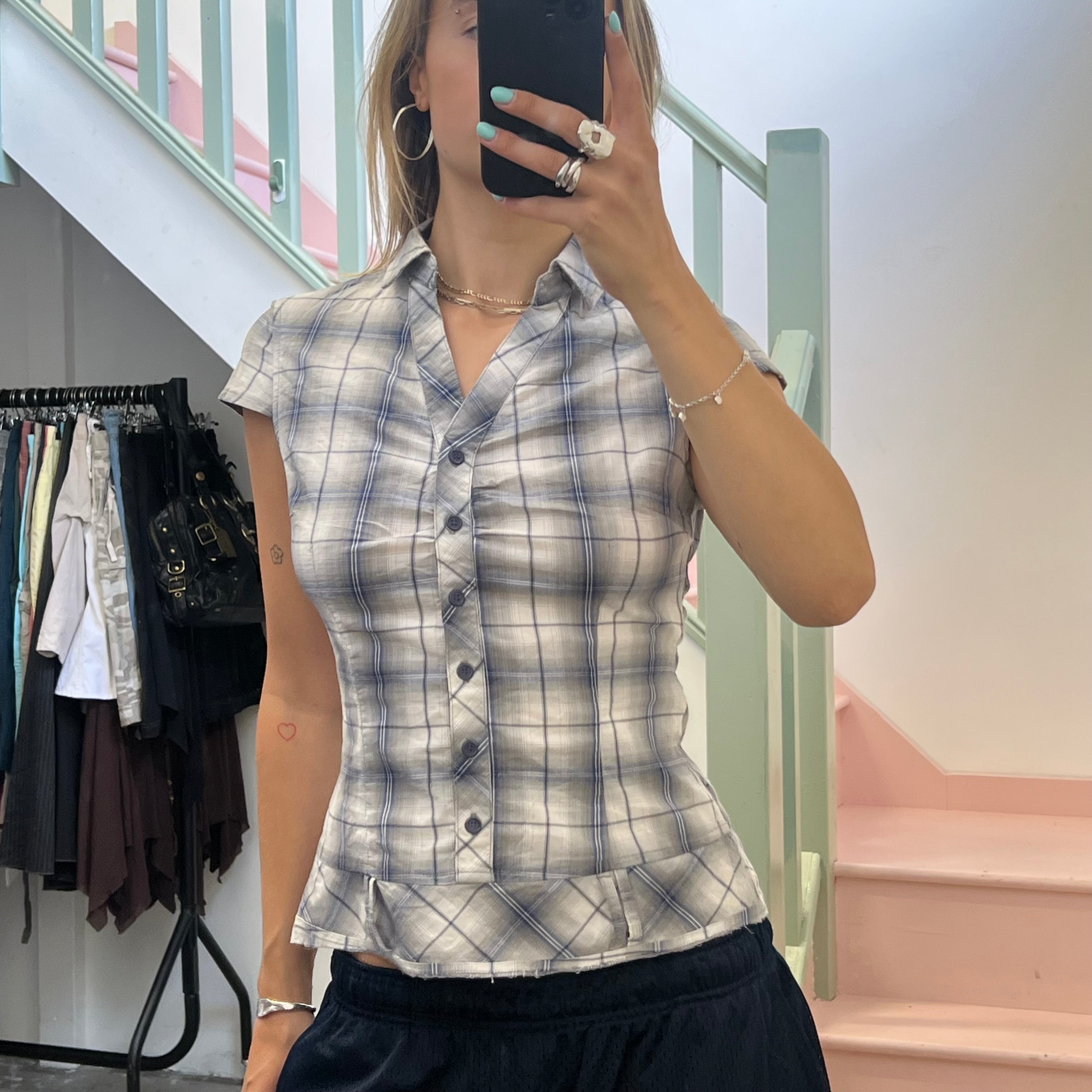Pimkie grey and blue checkered fitted shirt