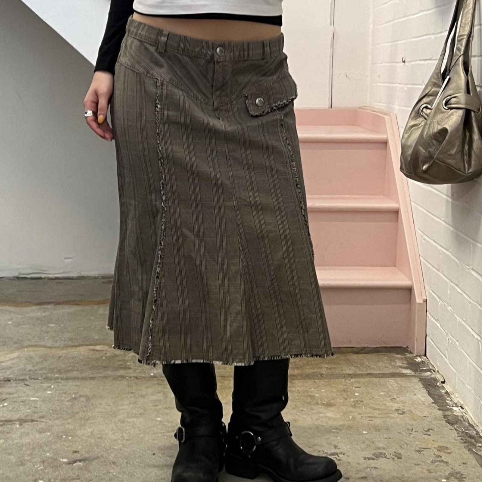grey brown checkered vintage tailored maxi skirt with distressed hem
