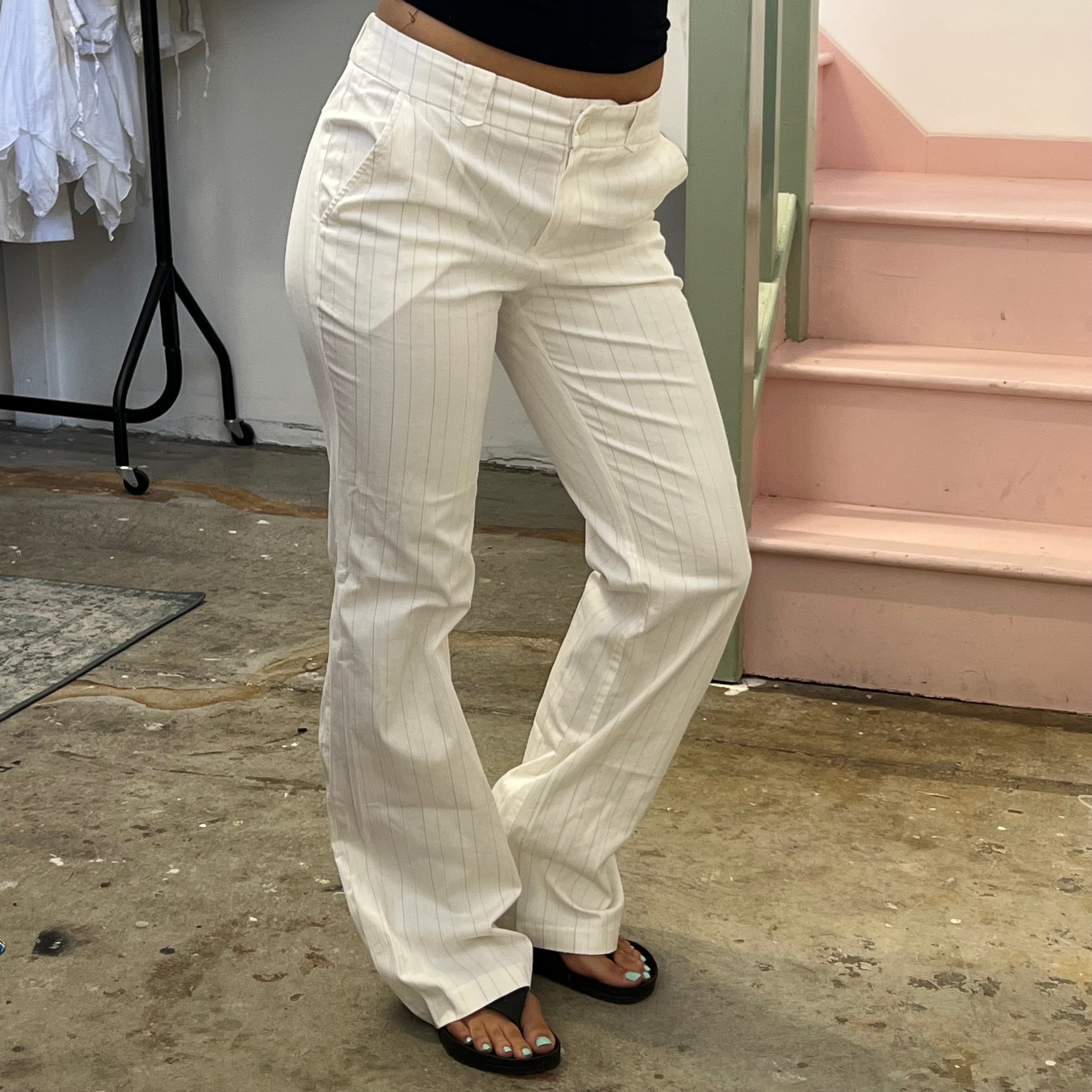 White pinstripe tailored wide leg trousers