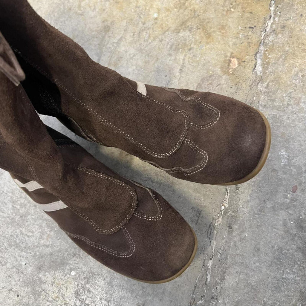 Brown suede mid calf flat boxing boots with white stripes