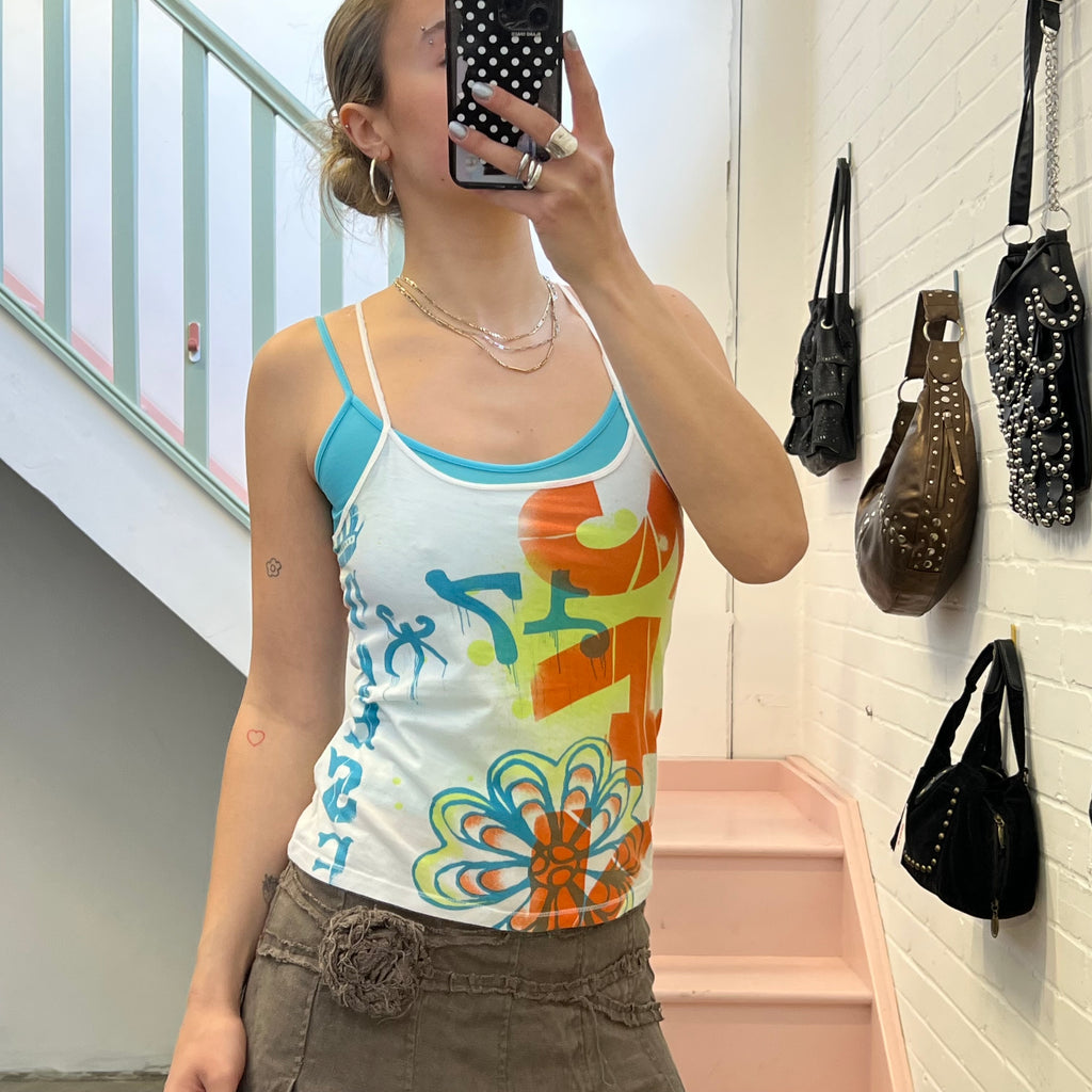 Graphic print layered vintage vest