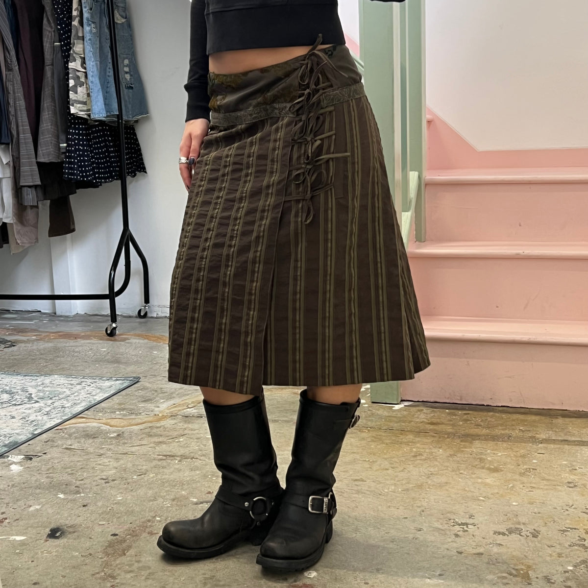 Khaki green stripe wrap around skirt