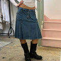 Denim pleated midi skirt with green stitching