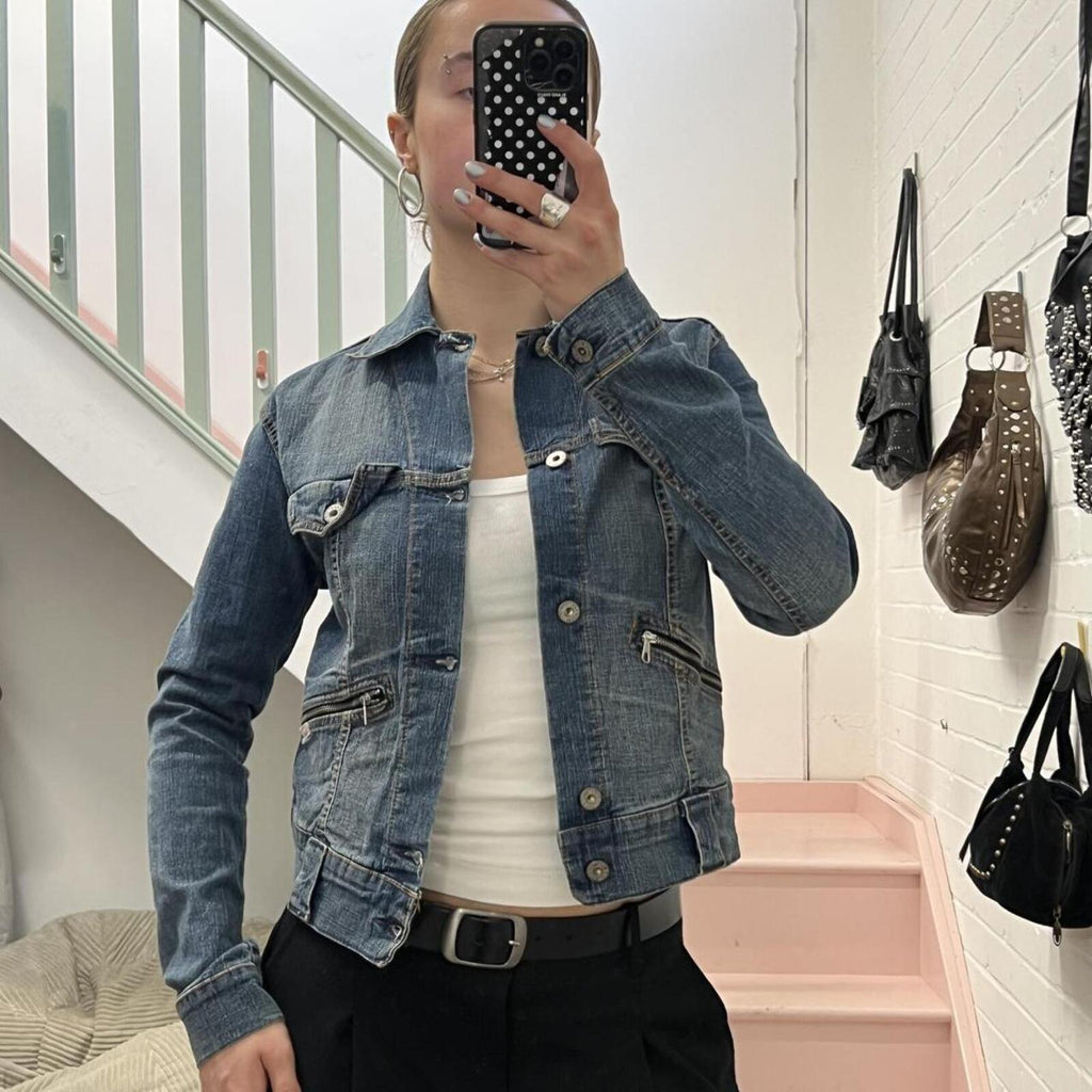 Navy button up utility style fitted vintage denim jacket